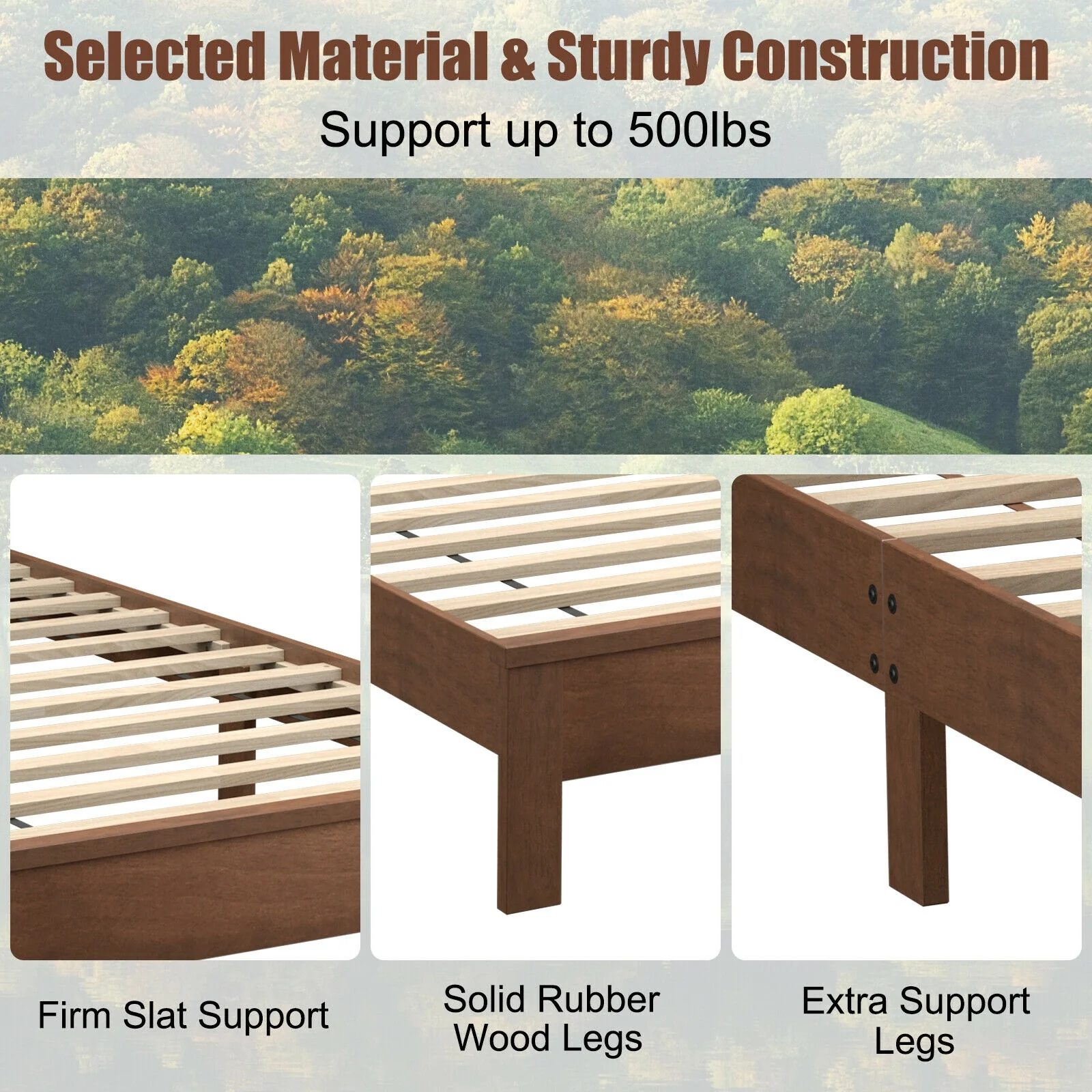 Twin Size Platform Bed Frame, Rubber Wood Leg, Walnut - Image 10