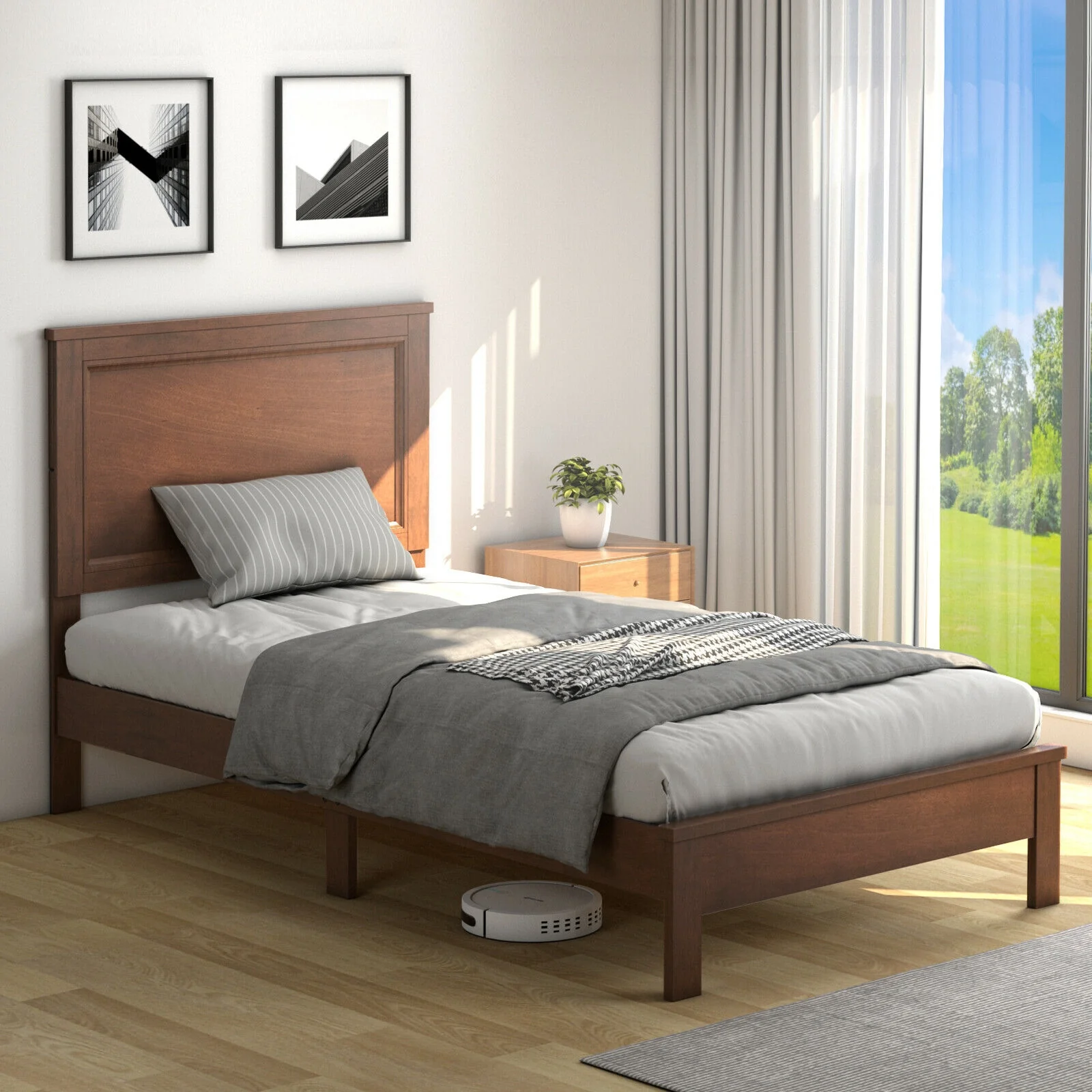 Twin Size Platform Bed Frame, Rubber Wood Leg, Walnut - Image 2