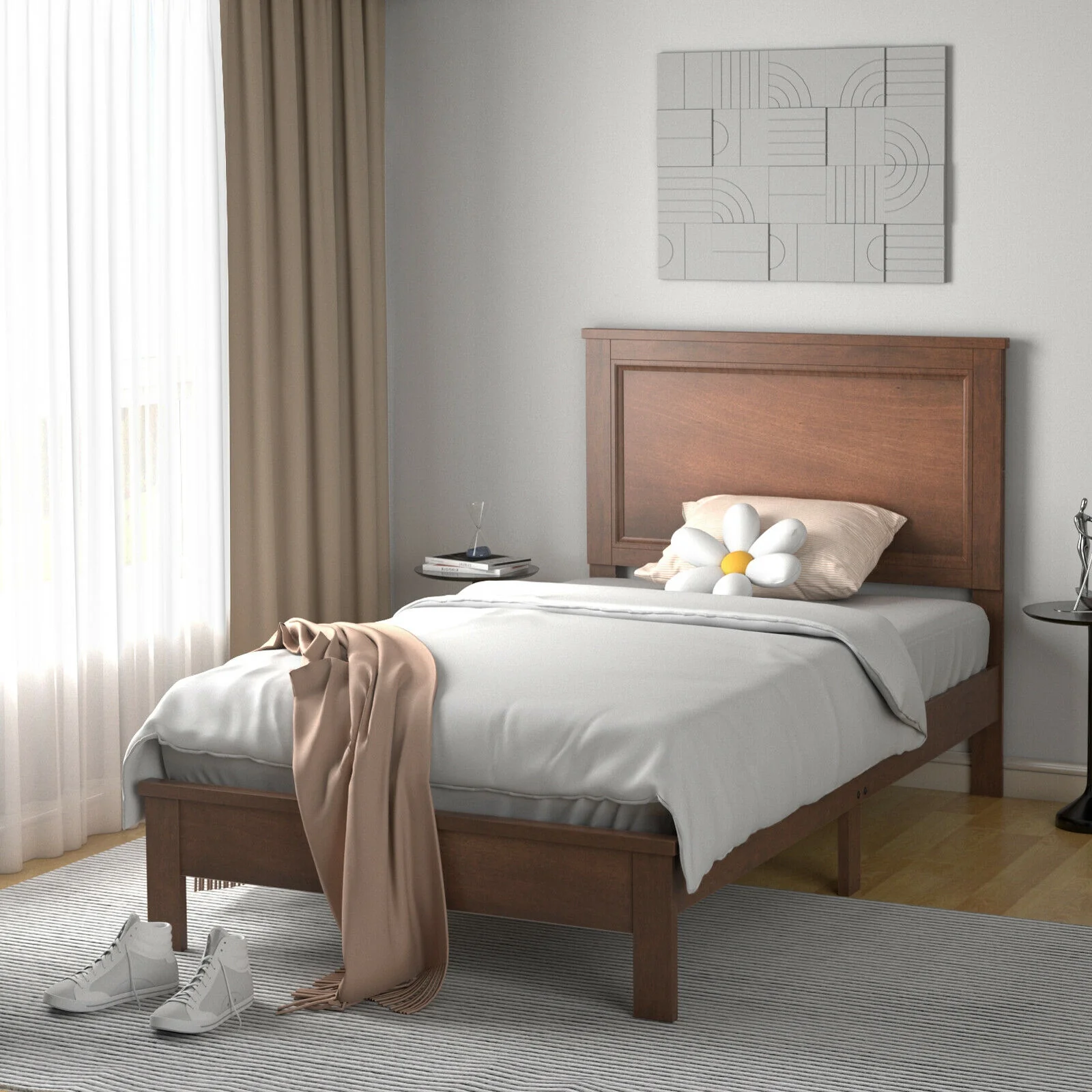 Twin Size Platform Bed Frame, Rubber Wood Leg, Walnut - Image 3