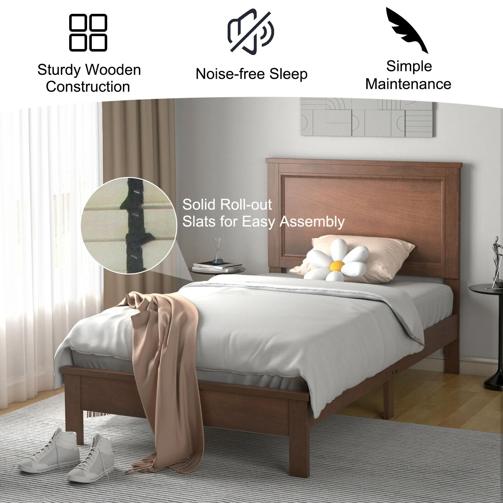 Twin Size Platform Bed Frame, Rubber Wood Leg, Walnut - Image 7