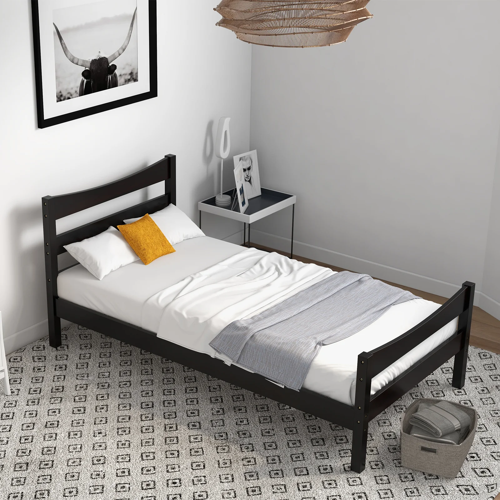 Twin Size Platform Bed Frame, Slat Support Foundation, Dark Brown - Image 2
