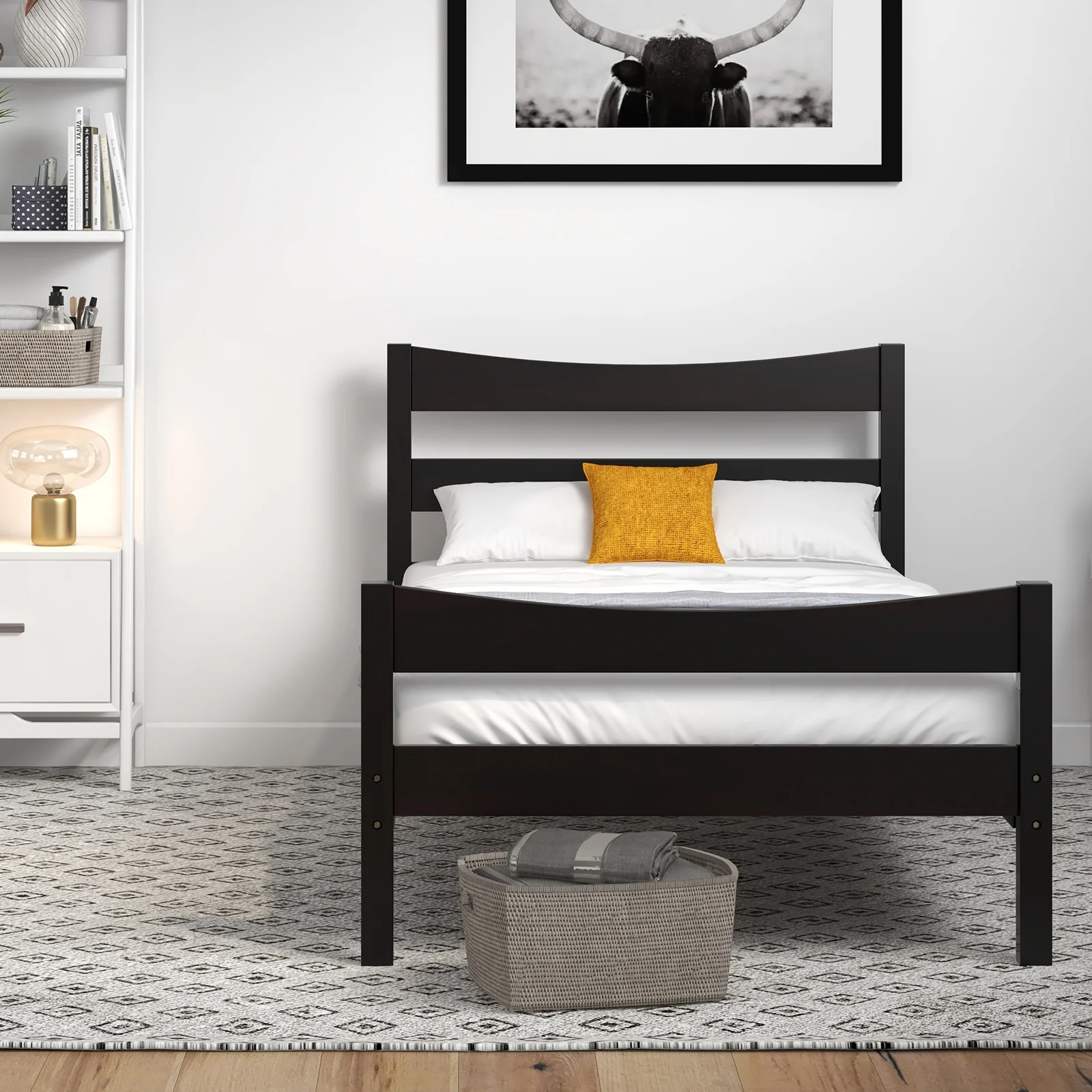 Twin Size Platform Bed Frame, Slat Support Foundation, Dark Brown - Image 3