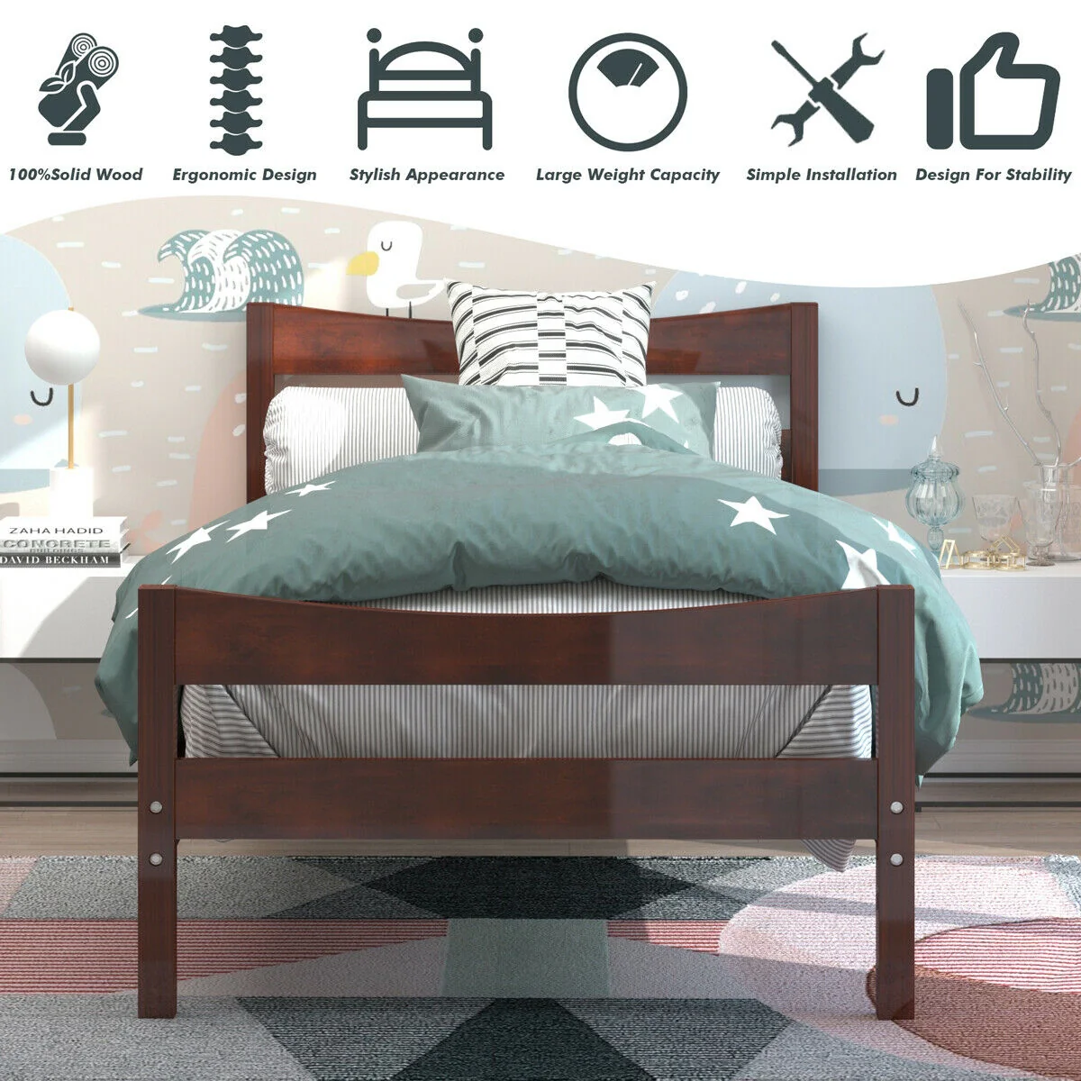 Twin Size Platform Bed Frame, Slat Support, Walnut - Image 3