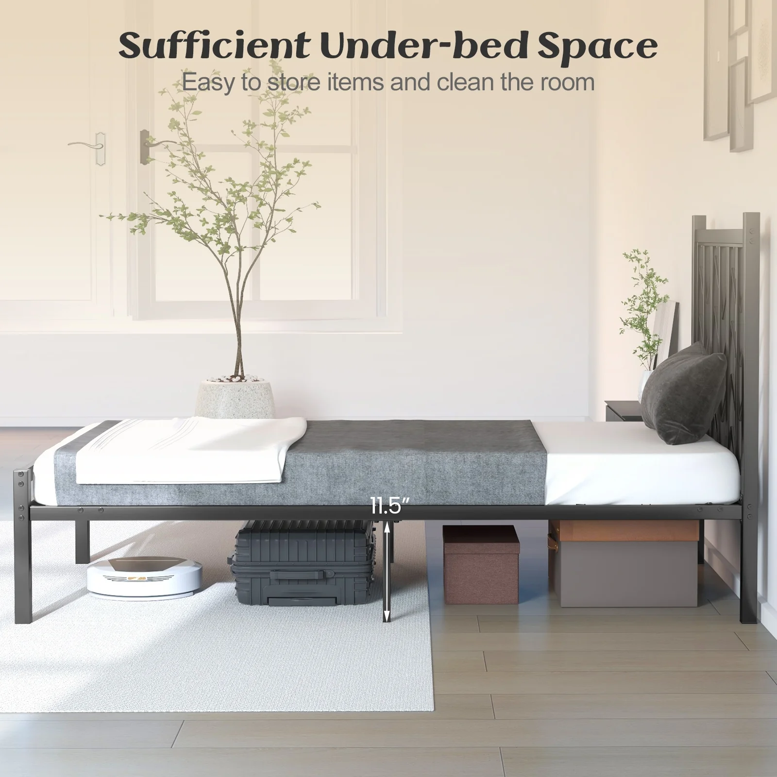 Twin Size Platform Bed With Headboard, Metal Frame, Black - Image 10