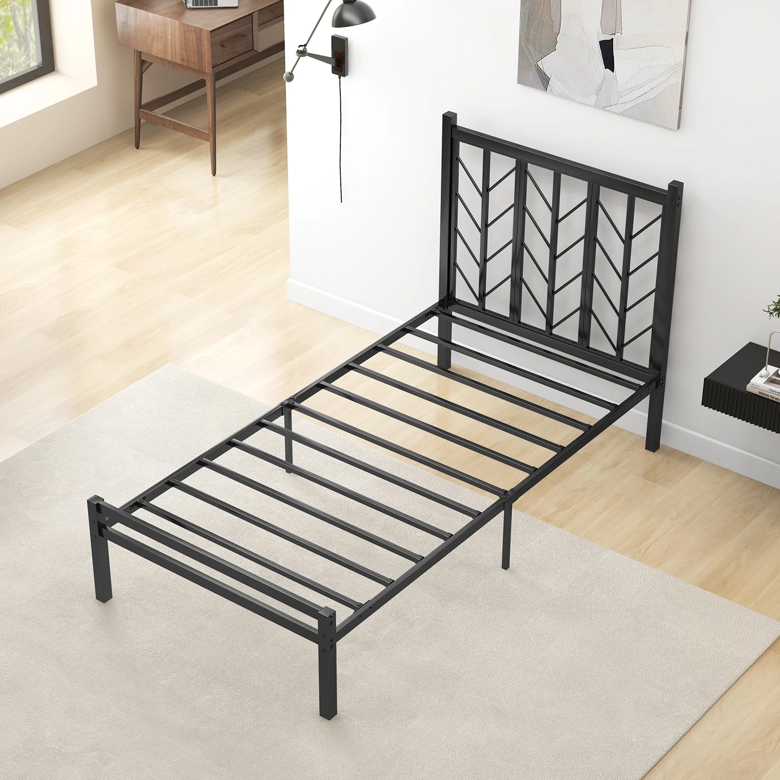 Twin Size Platform Bed With Headboard, Metal Frame, Black - Image 2