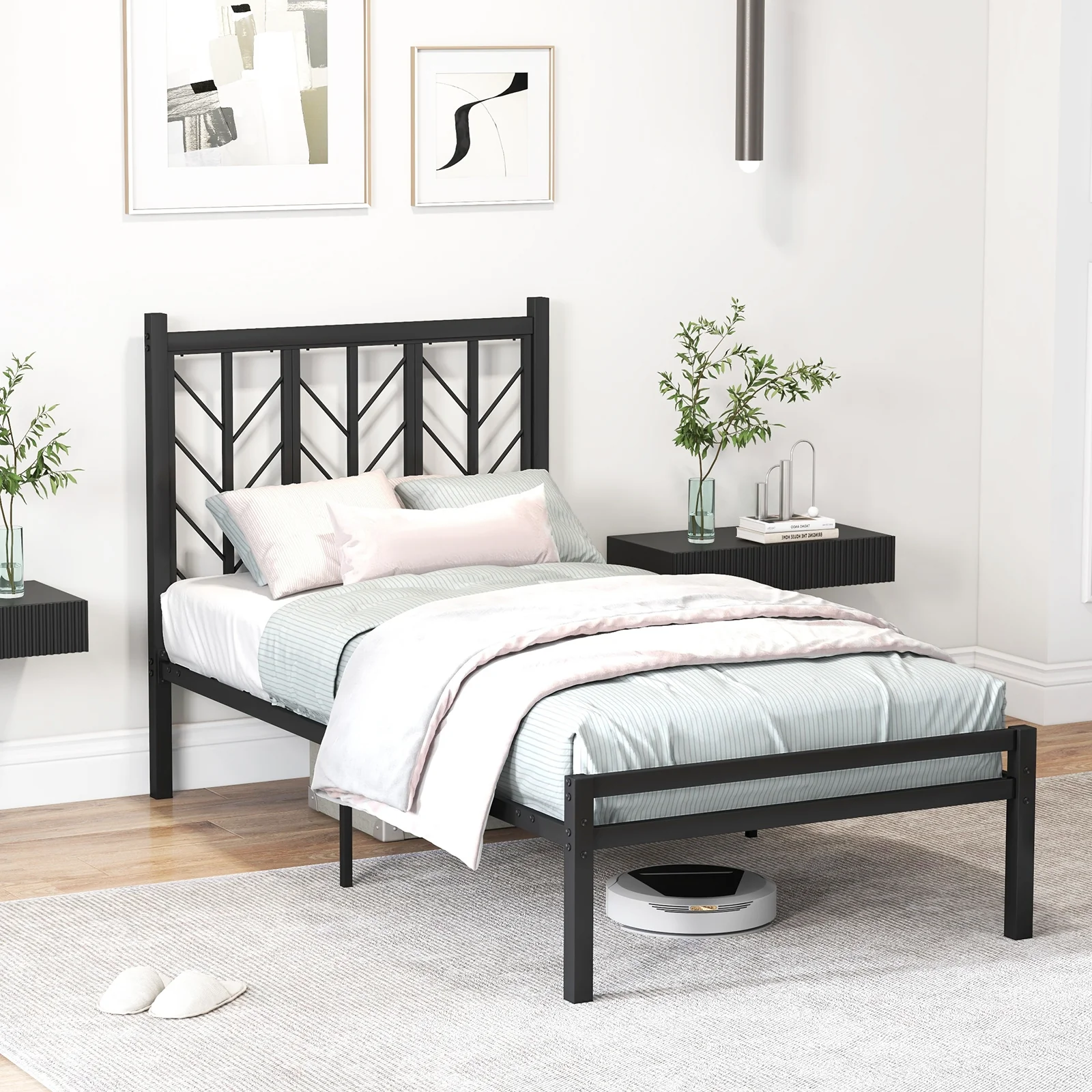 Twin Size Platform Bed With Headboard, Metal Frame, Black - Image 3
