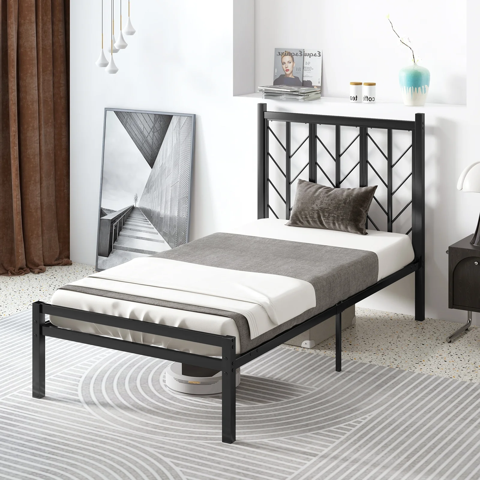 Twin Size Platform Bed With Headboard, Metal Frame, Black - Image 6