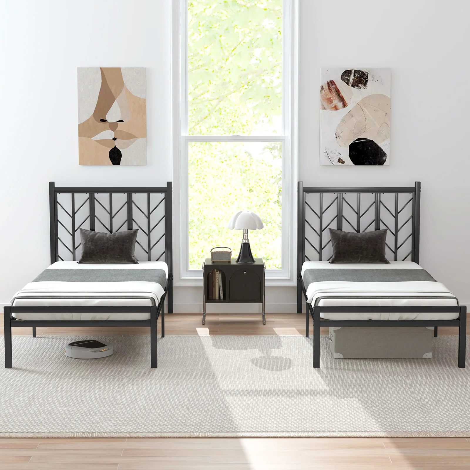 Twin Size Platform Bed With Headboard, Metal Frame, Black - Image 7