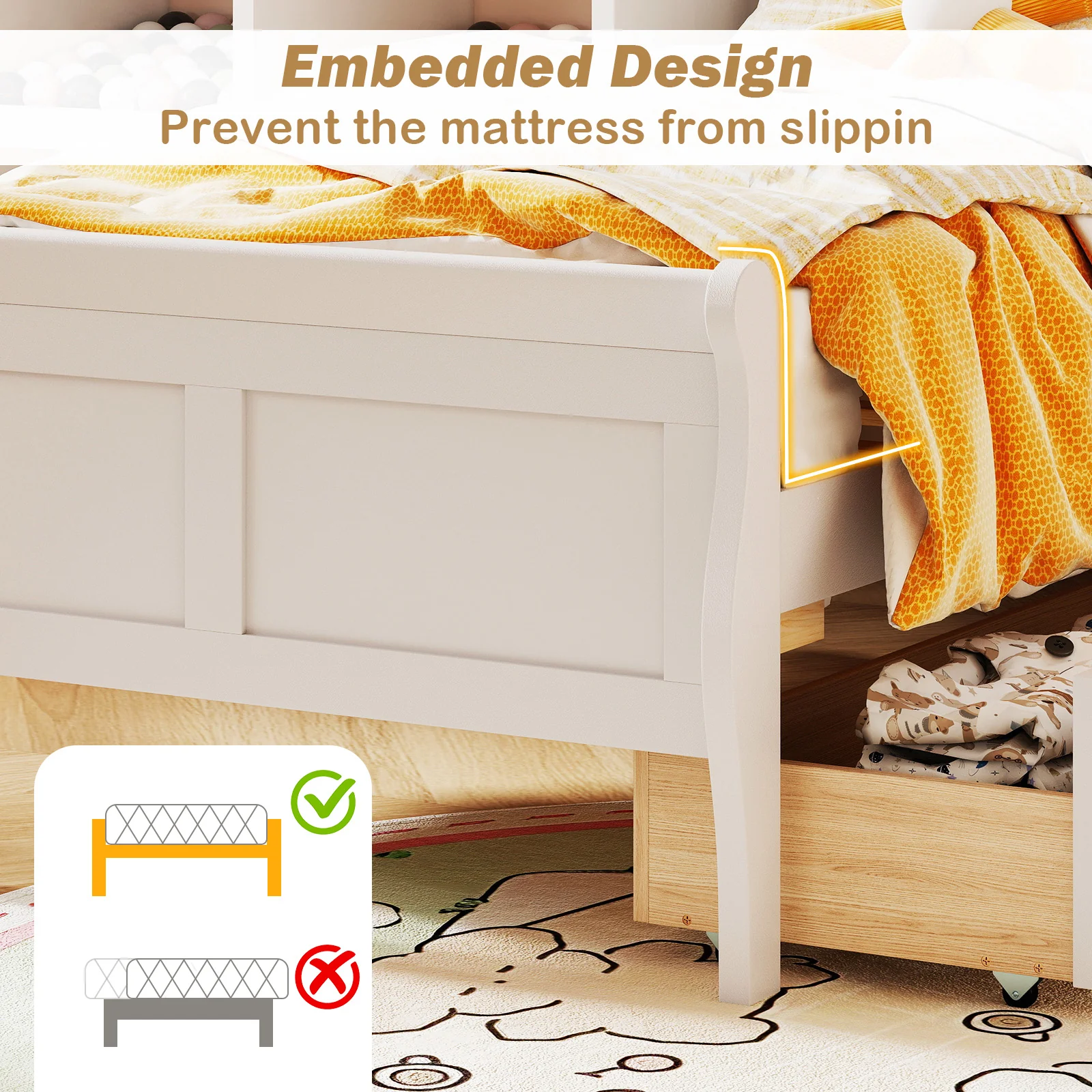 Twin Size Sleigh Bed, 2 Storage Drawers, Wood Platform Frame, White - Image 10
