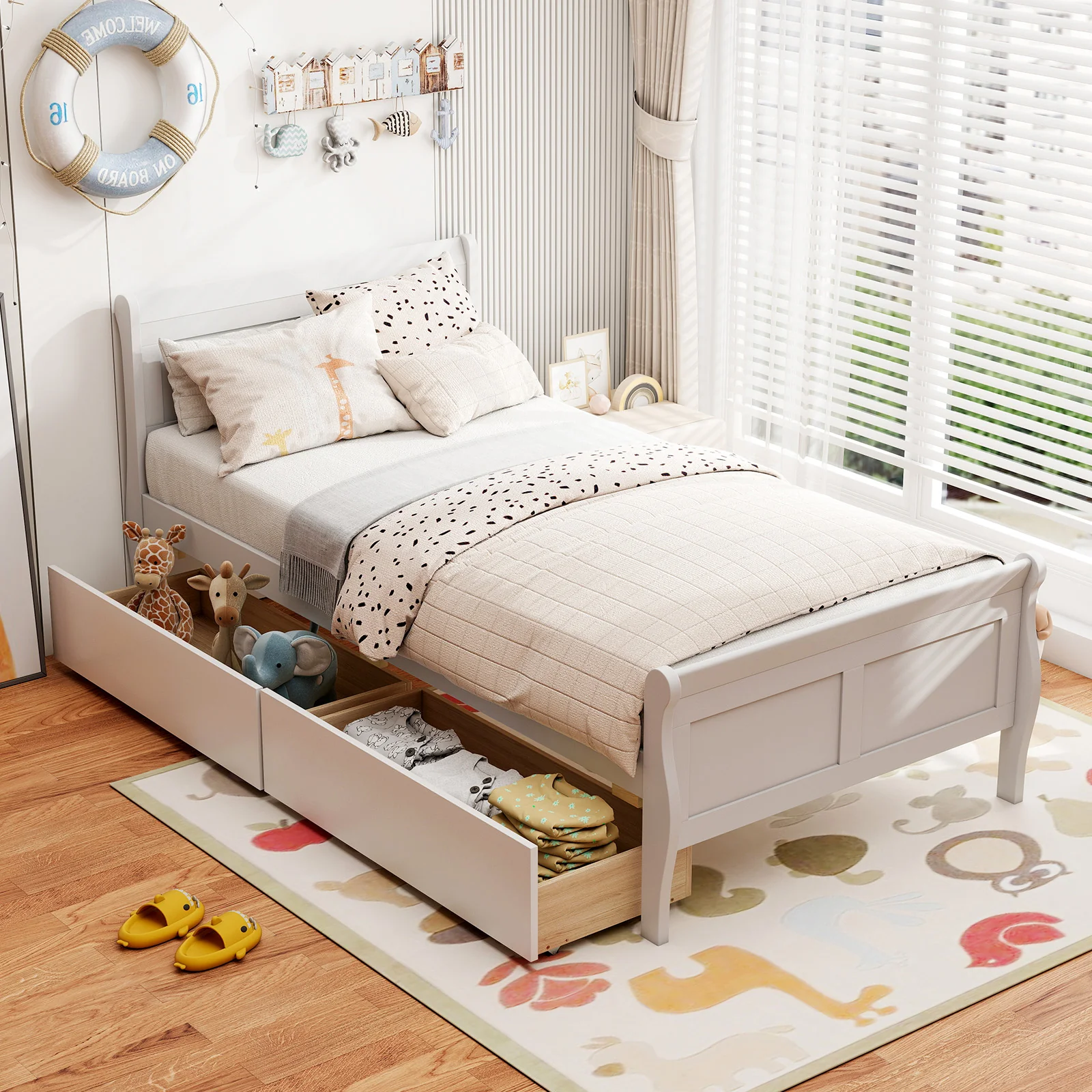 Twin Size Sleigh Bed, 2 Storage Drawers, Wood Platform Frame, White - Image 2