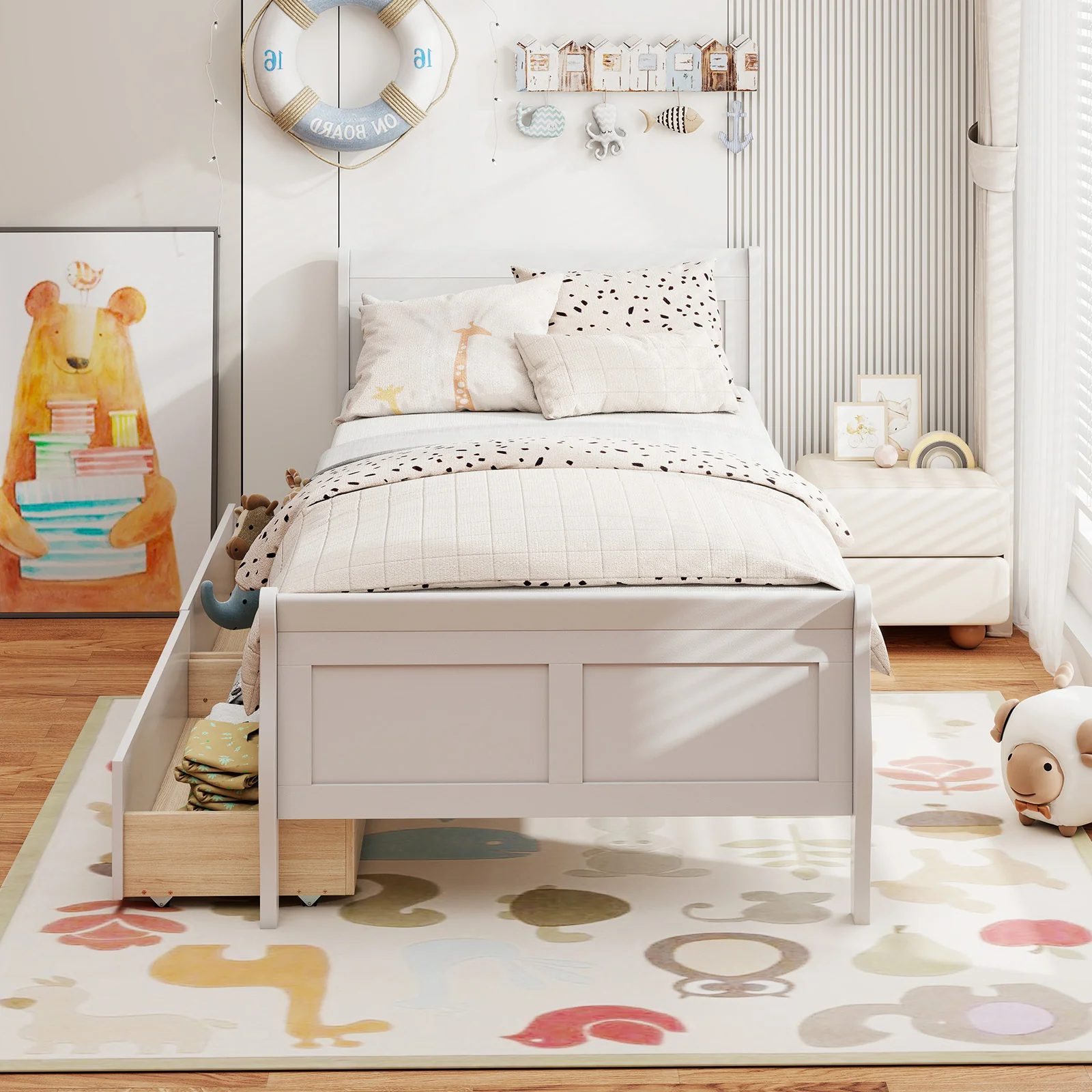 Twin Size Sleigh Bed, 2 Storage Drawers, Wood Platform Frame, White - Image 3