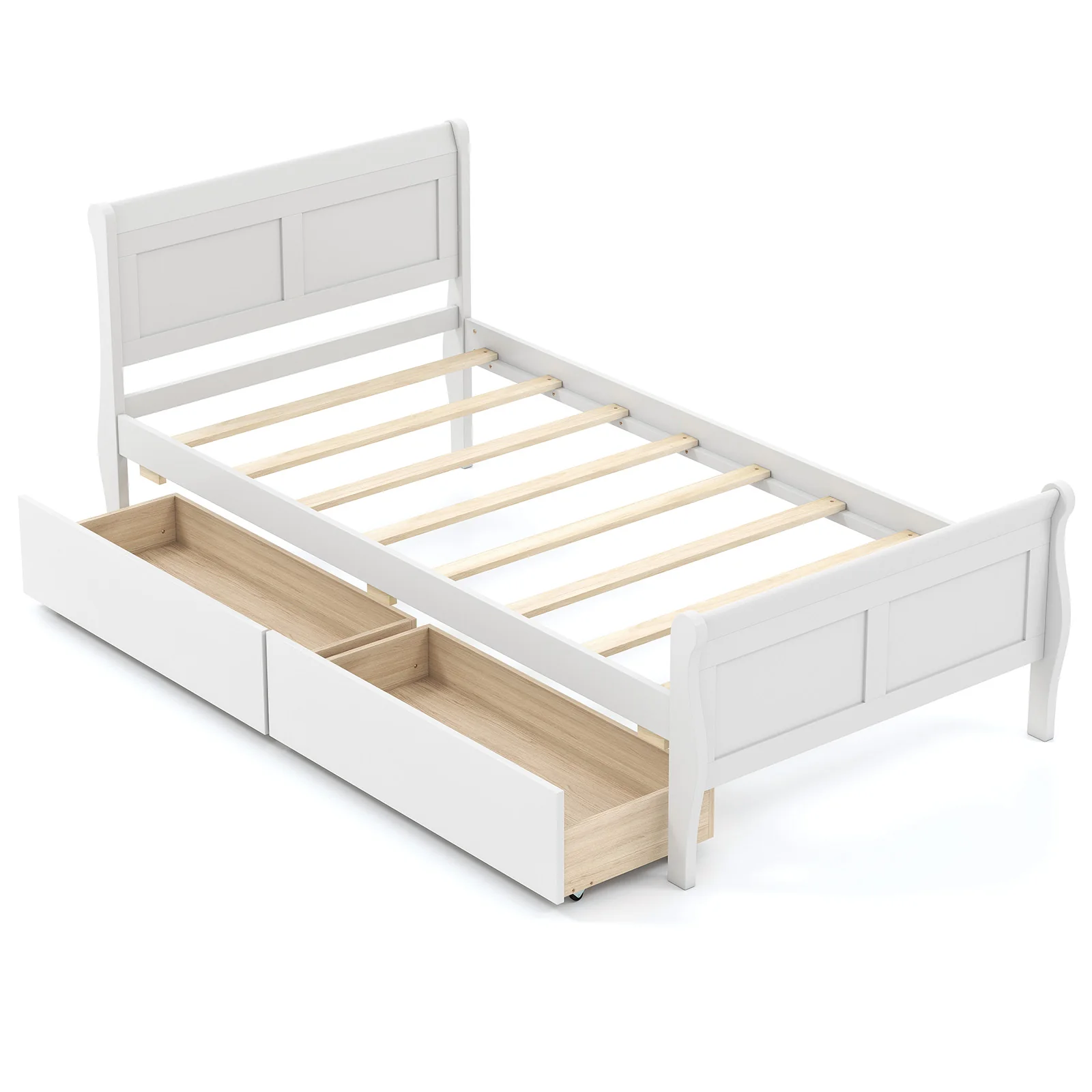Twin Size Sleigh Bed, 2 Storage Drawers, Wood Platform Frame, White - Image 4