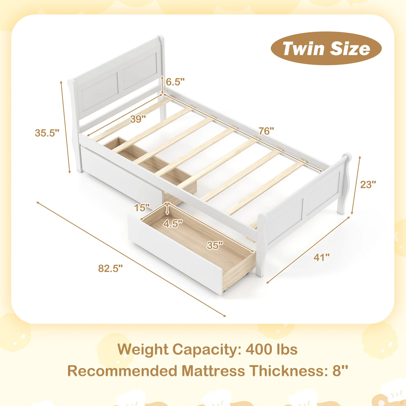 Twin Size Sleigh Bed, 2 Storage Drawers, Wood Platform Frame, White - Image 5
