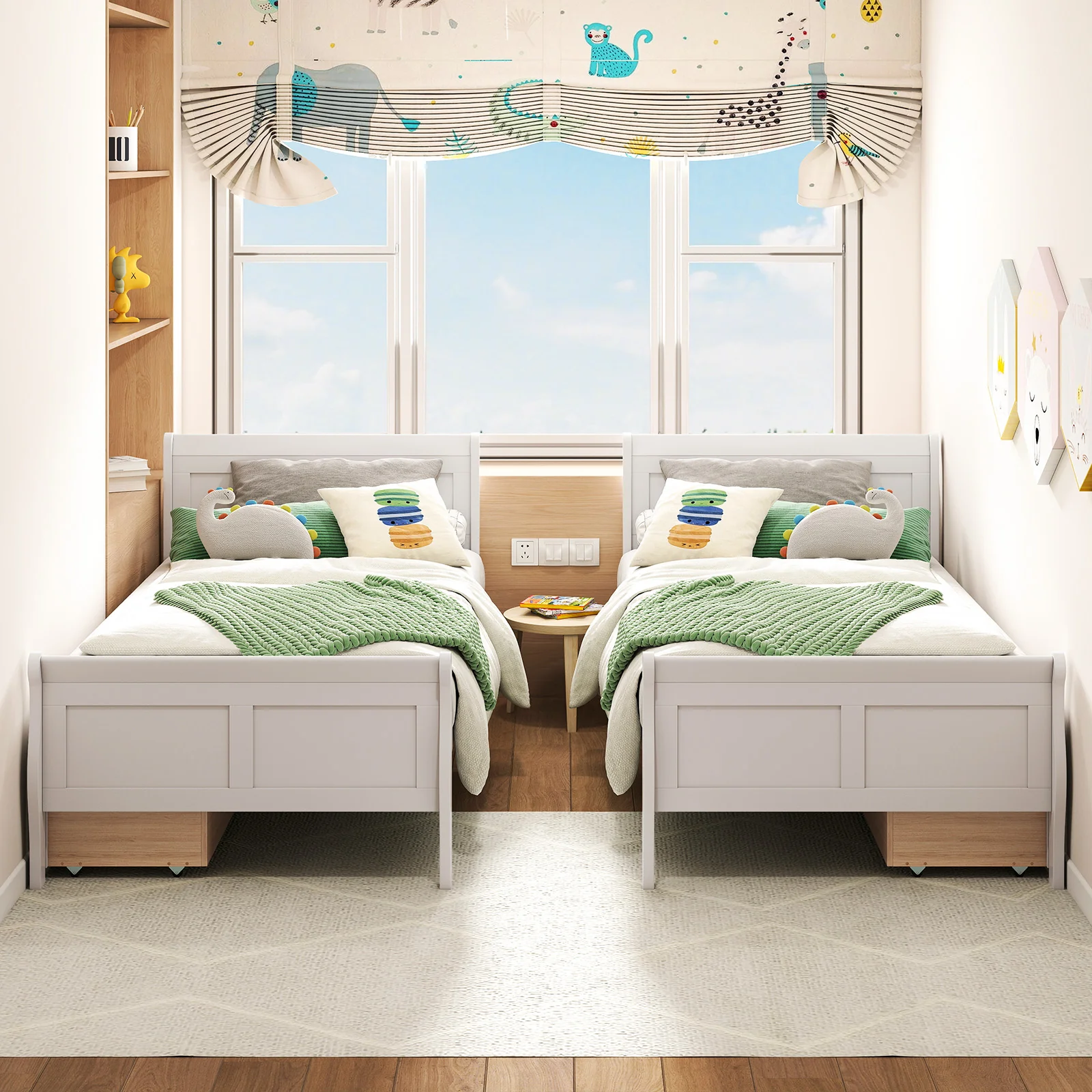Twin Size Sleigh Bed, 2 Storage Drawers, Wood Platform Frame, White - Image 6
