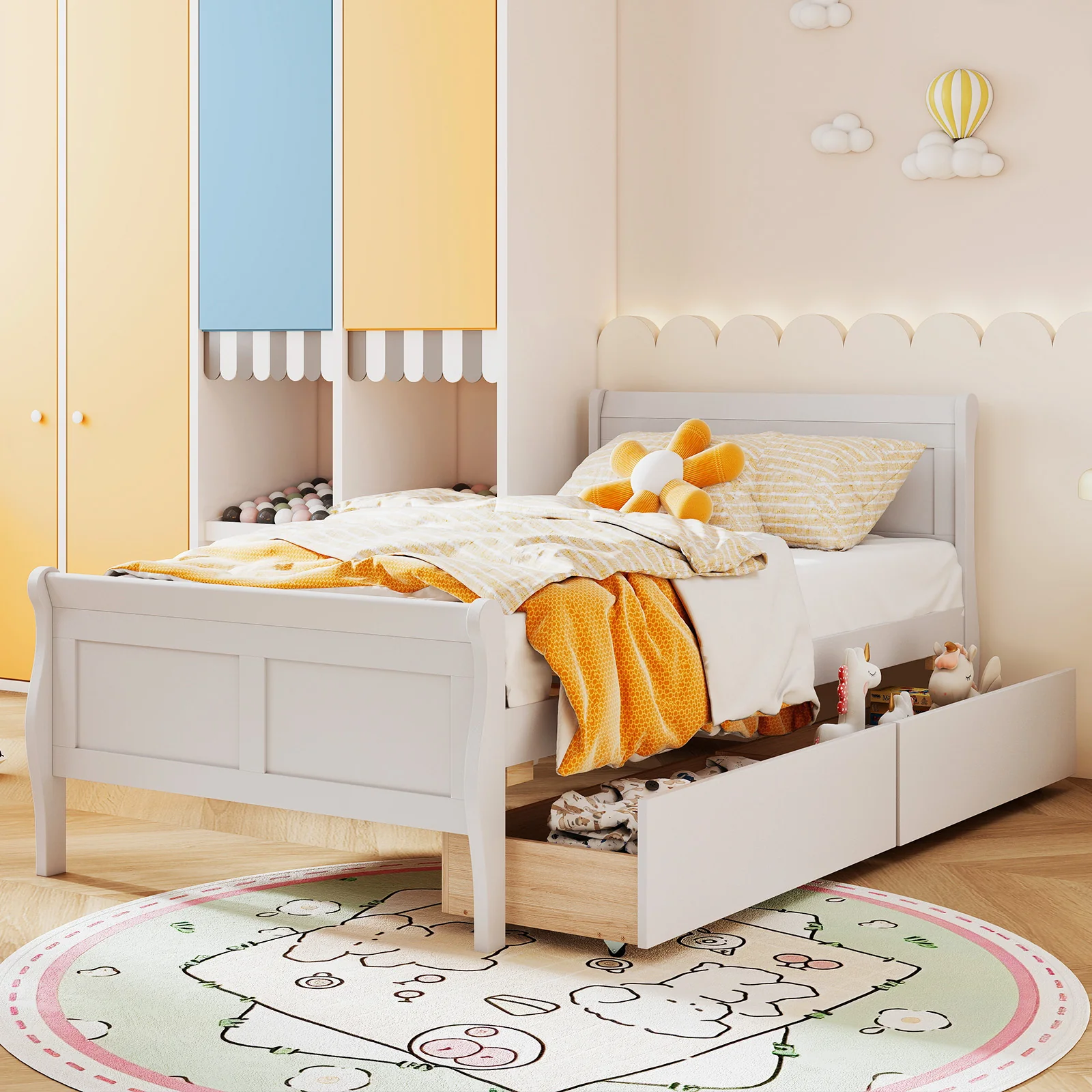 Twin Size Sleigh Bed, 2 Storage Drawers, Wood Platform Frame, White - Image 7