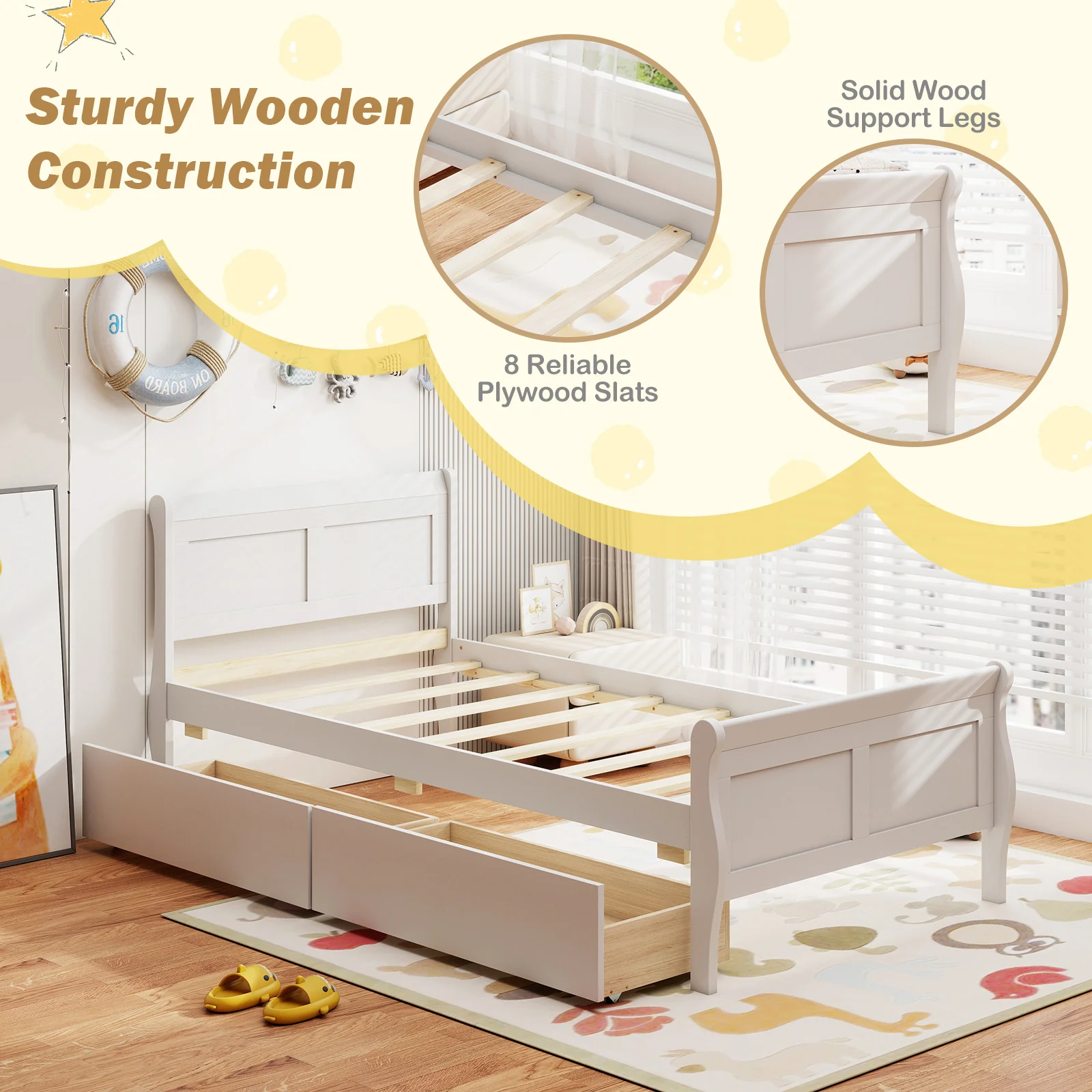 Twin Size Sleigh Bed, 2 Storage Drawers, Wood Platform Frame, White - Image 8