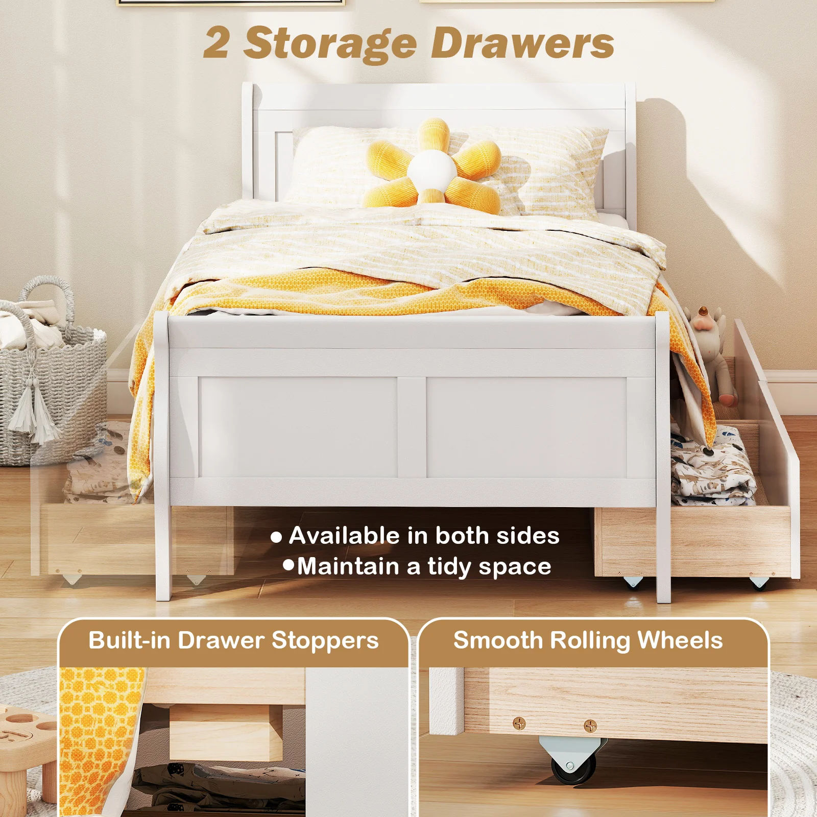Twin Size Sleigh Bed, 2 Storage Drawers, Wood Platform Frame, White - Image 9
