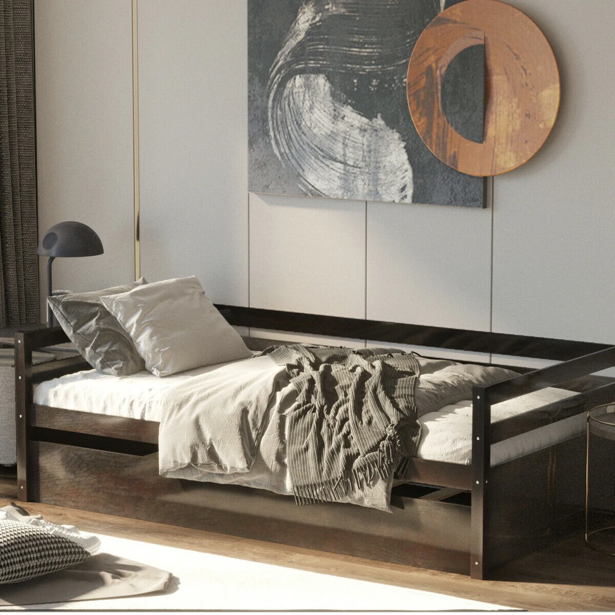 Twin Size Trundle Platform Bed Frame, Wooden Slat Support, Dark Brown - Image 2
