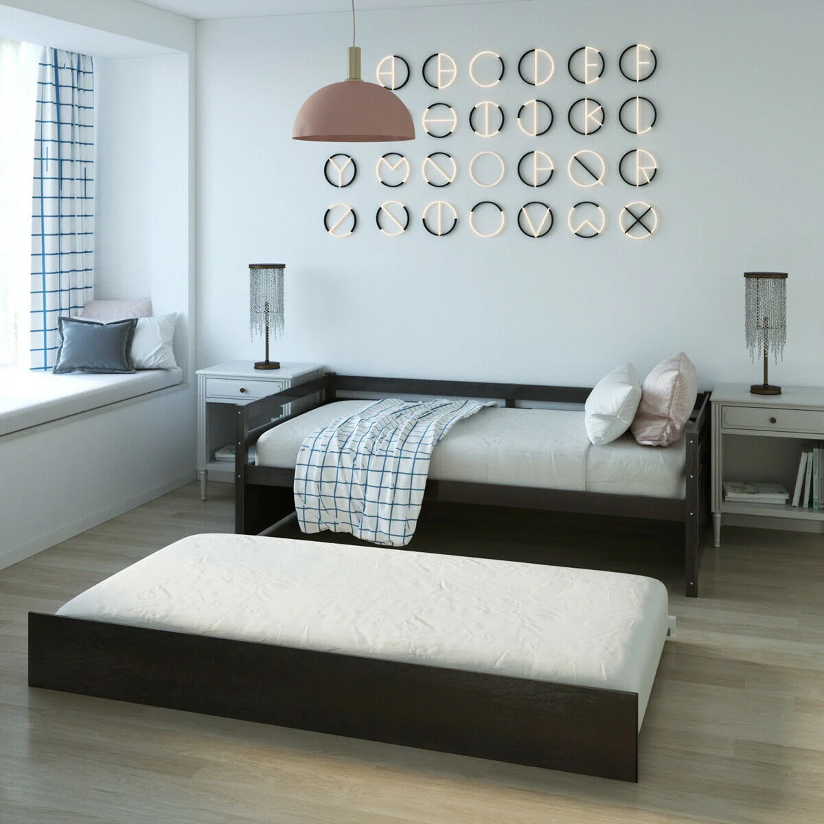 Twin Size Trundle Platform Bed Frame, Wooden Slat Support, Dark Brown - Image 3
