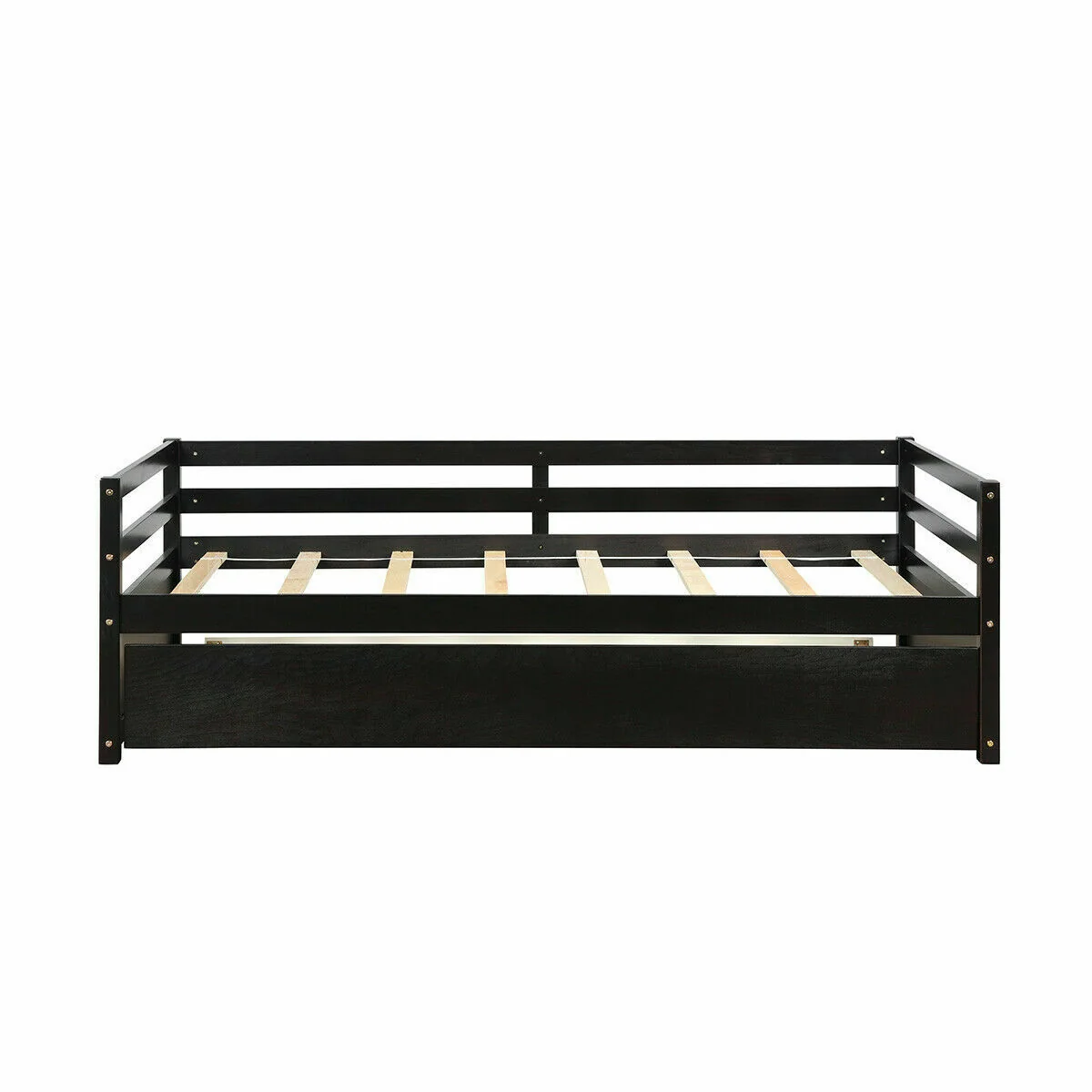 Twin Size Trundle Platform Bed Frame, Wooden Slat Support, Dark Brown - Image 5