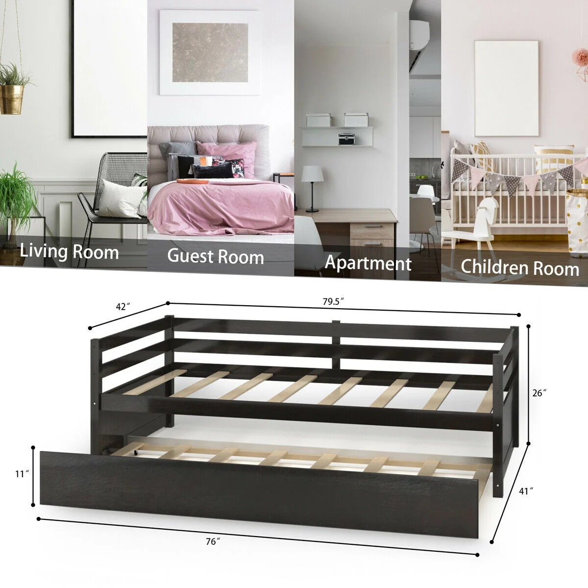 Twin Size Trundle Platform Bed Frame, Wooden Slat Support, Dark Brown - Image 6