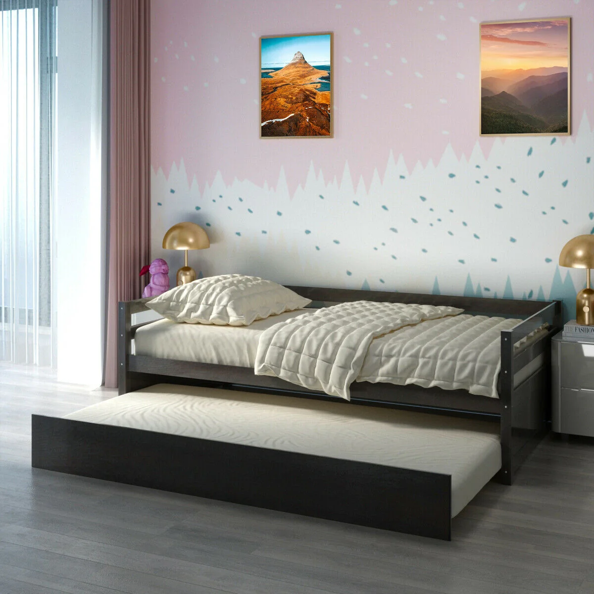 Twin Size Trundle Platform Bed Frame, Wooden Slat Support, Dark Brown - Image 9
