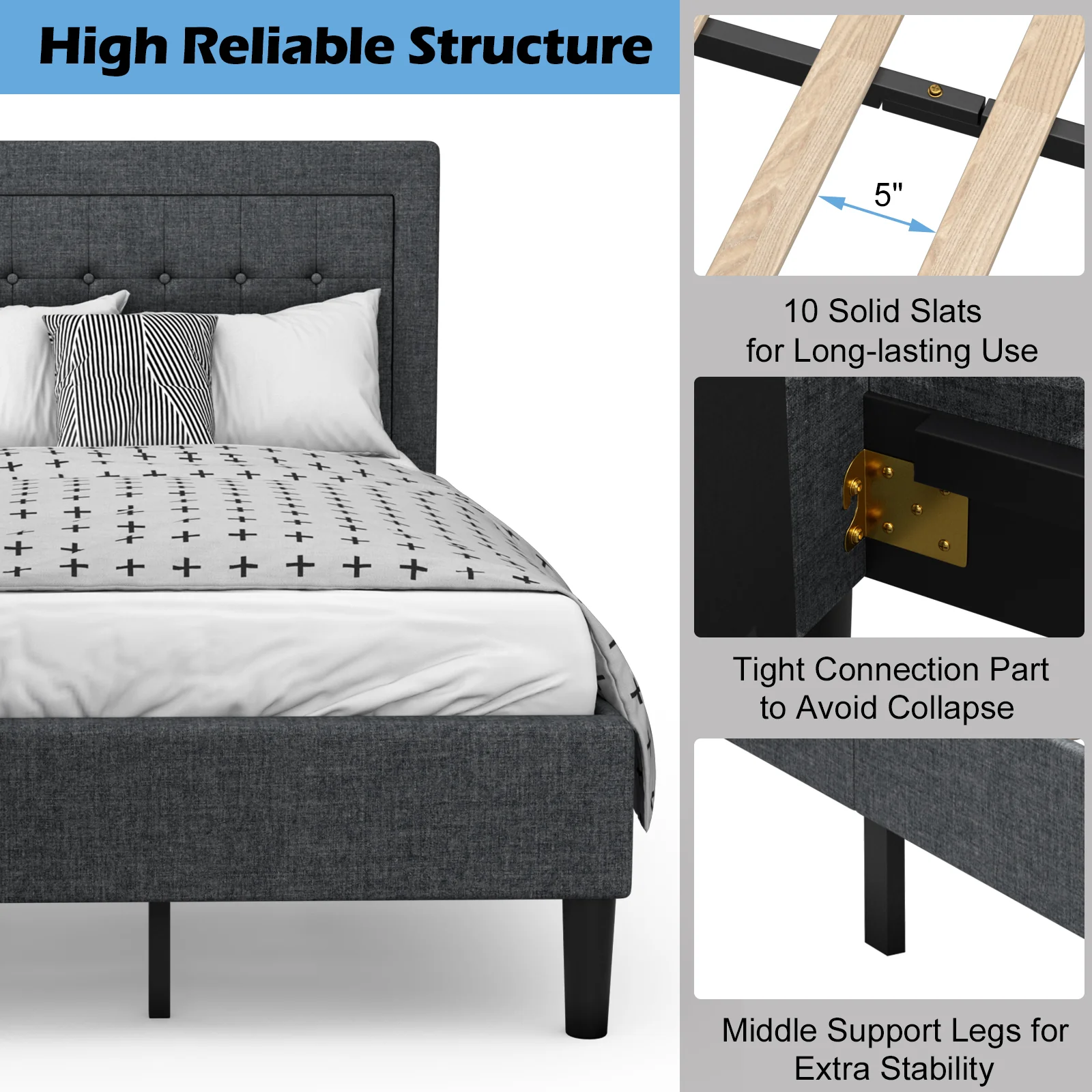Twin Size Upholstered Bed Frame, Button Tufted Headboard, Black - Image 10
