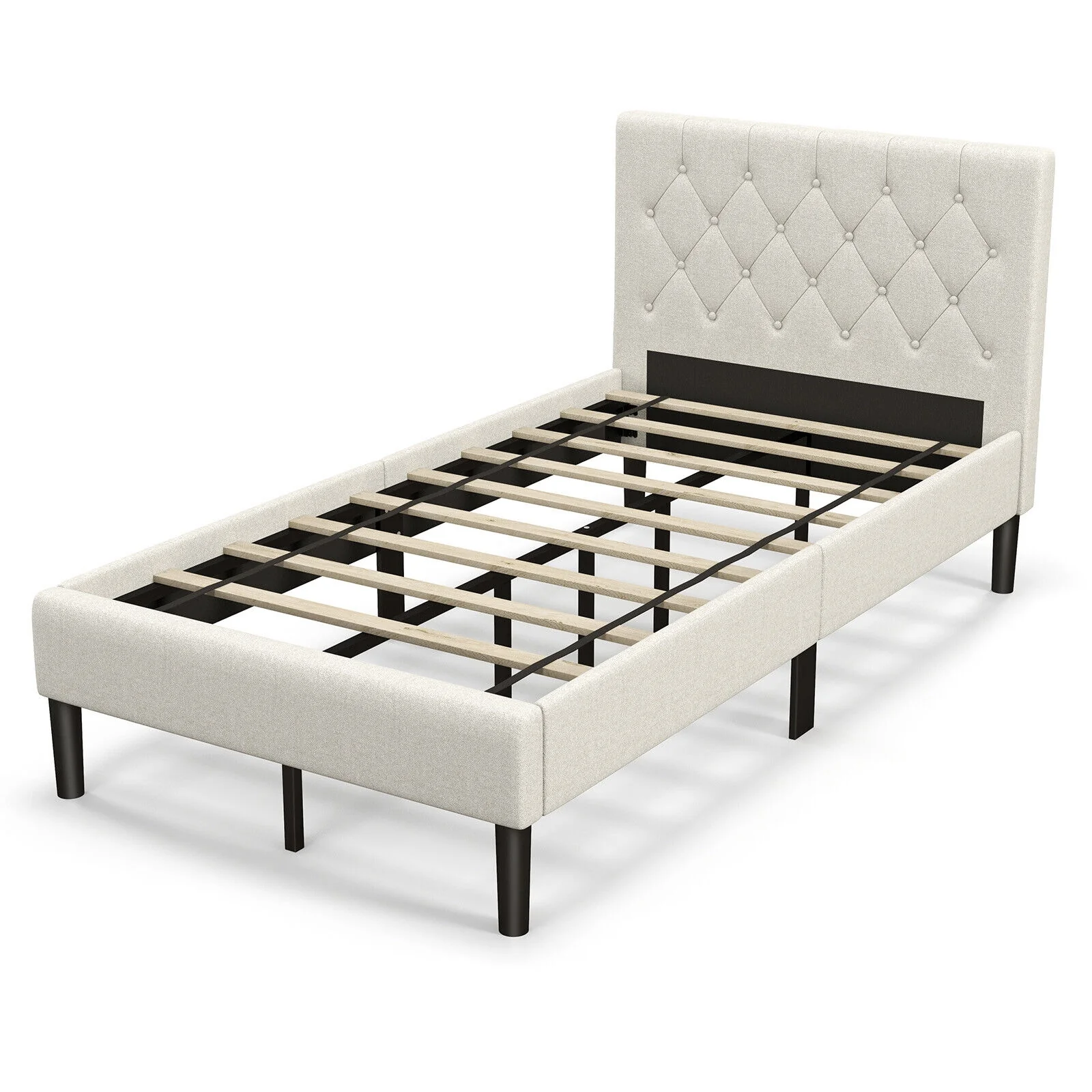 Twin Size Upholstered Platform Bed, Button Tufted Headboard, Beige - Image 4
