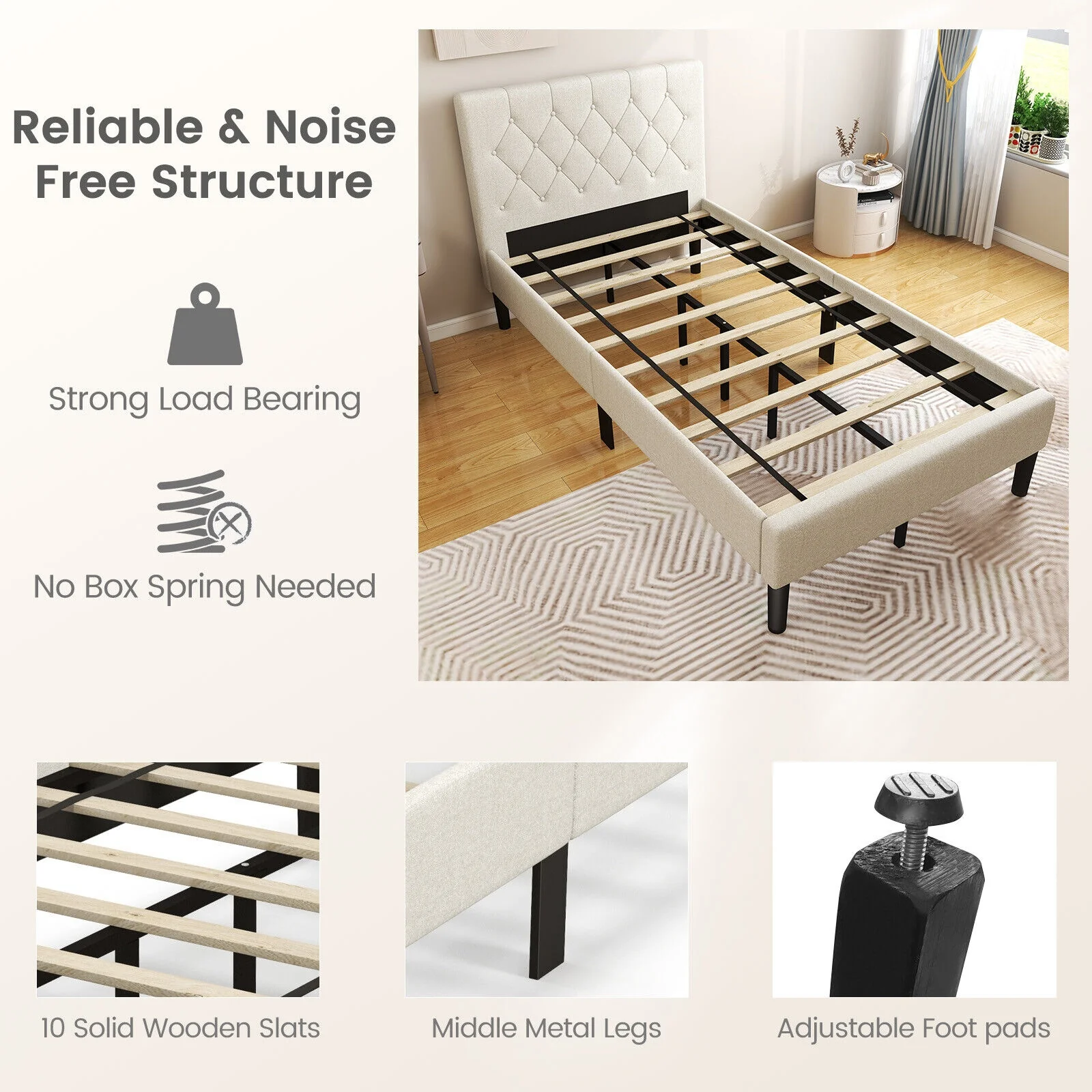 Twin Size Upholstered Platform Bed, Button Tufted Headboard, Beige - Image 8
