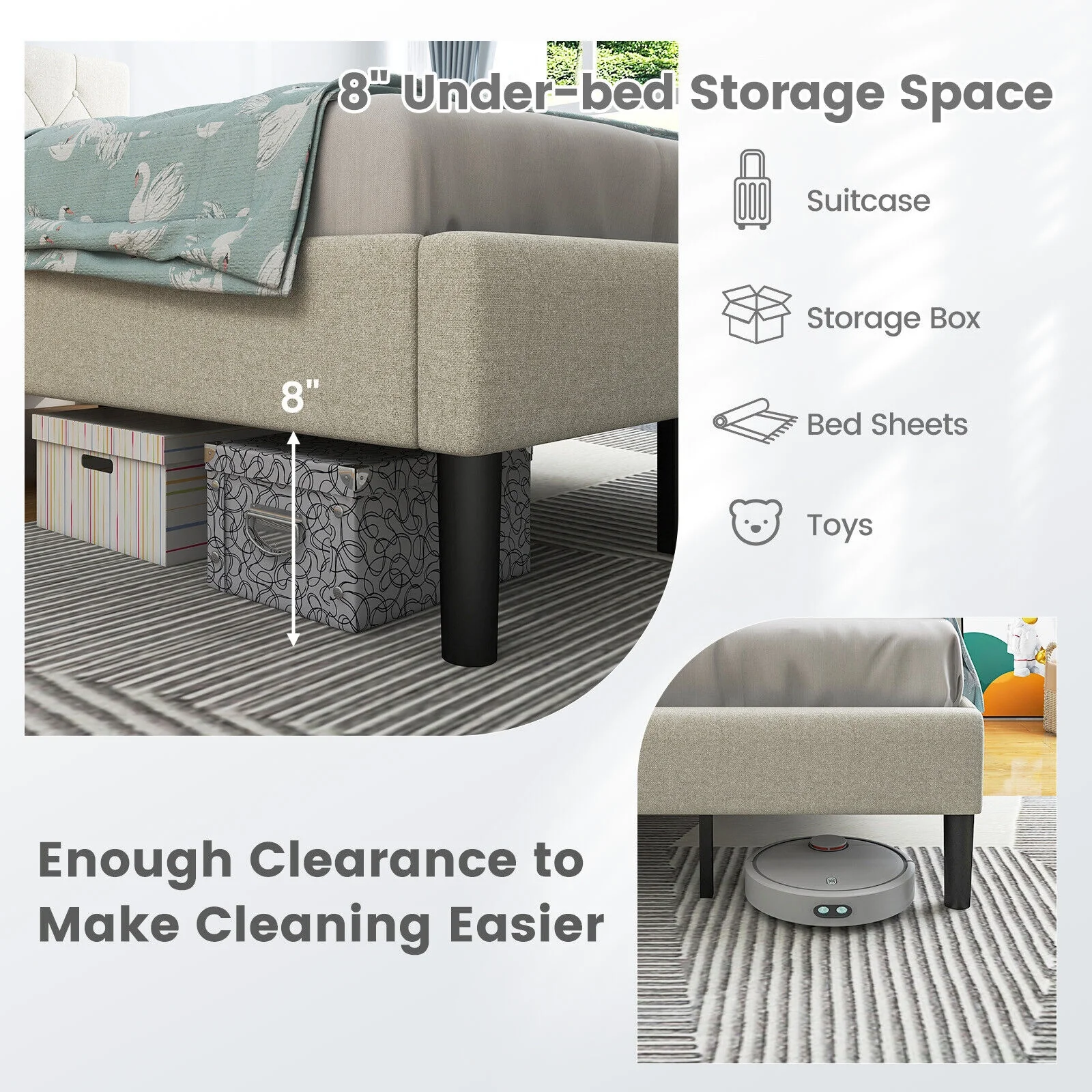 Twin Size Upholstered Platform Bed, Button Tufted Headboard, Beige - Image 9