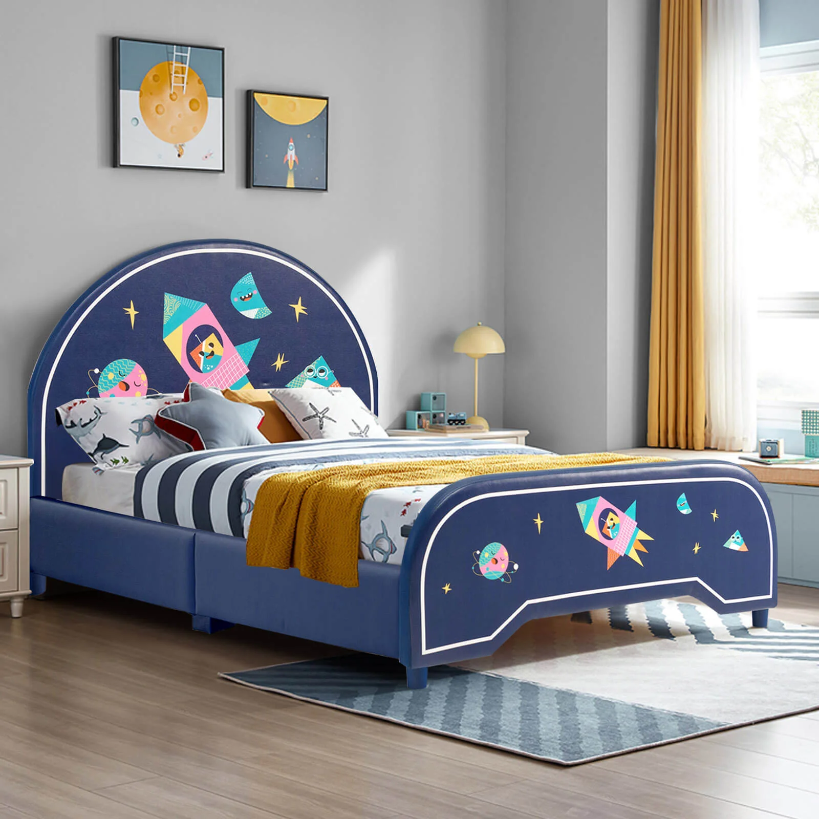 Twin Size Upholstered Platform Bed, Dark Blue - Image 3