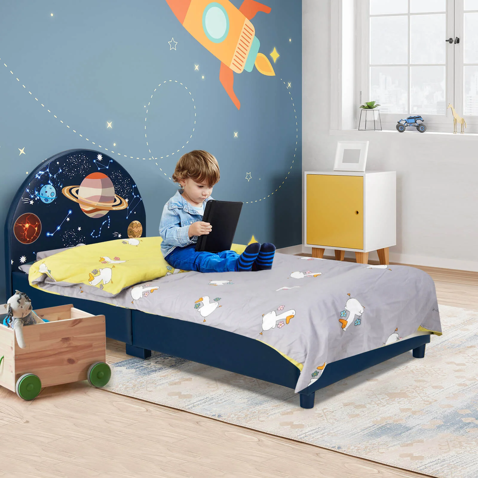 Twin Size Upholstered Platform Bed, Dark Blue - Image 7