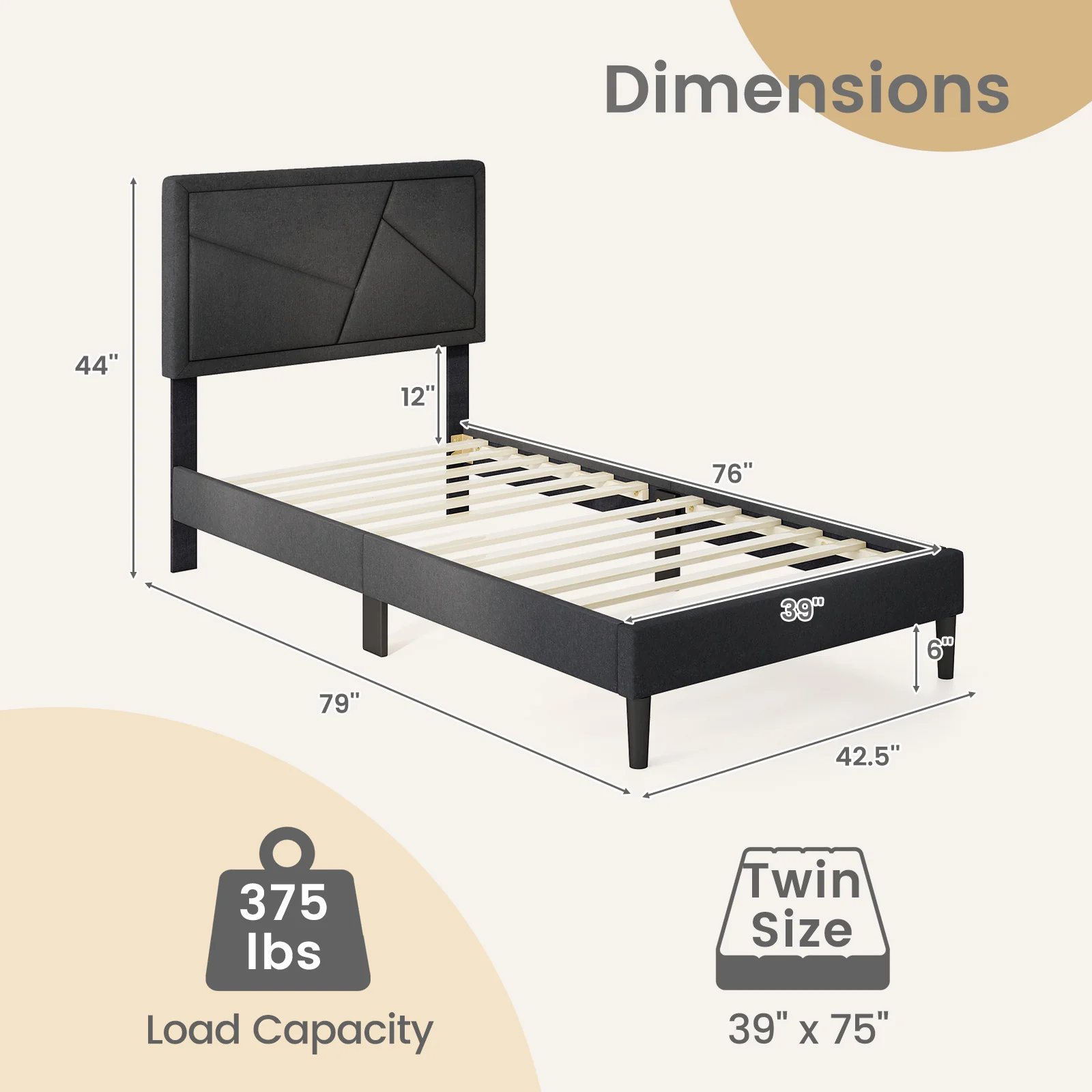 Twin Size Upholstered Platform Bed Frame, Gray - Image 5