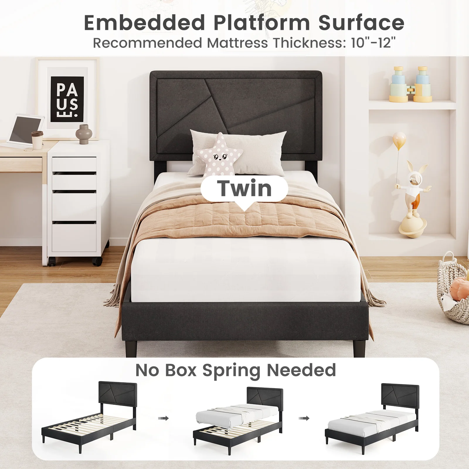 Twin Size Upholstered Platform Bed Frame, Gray - Image 8