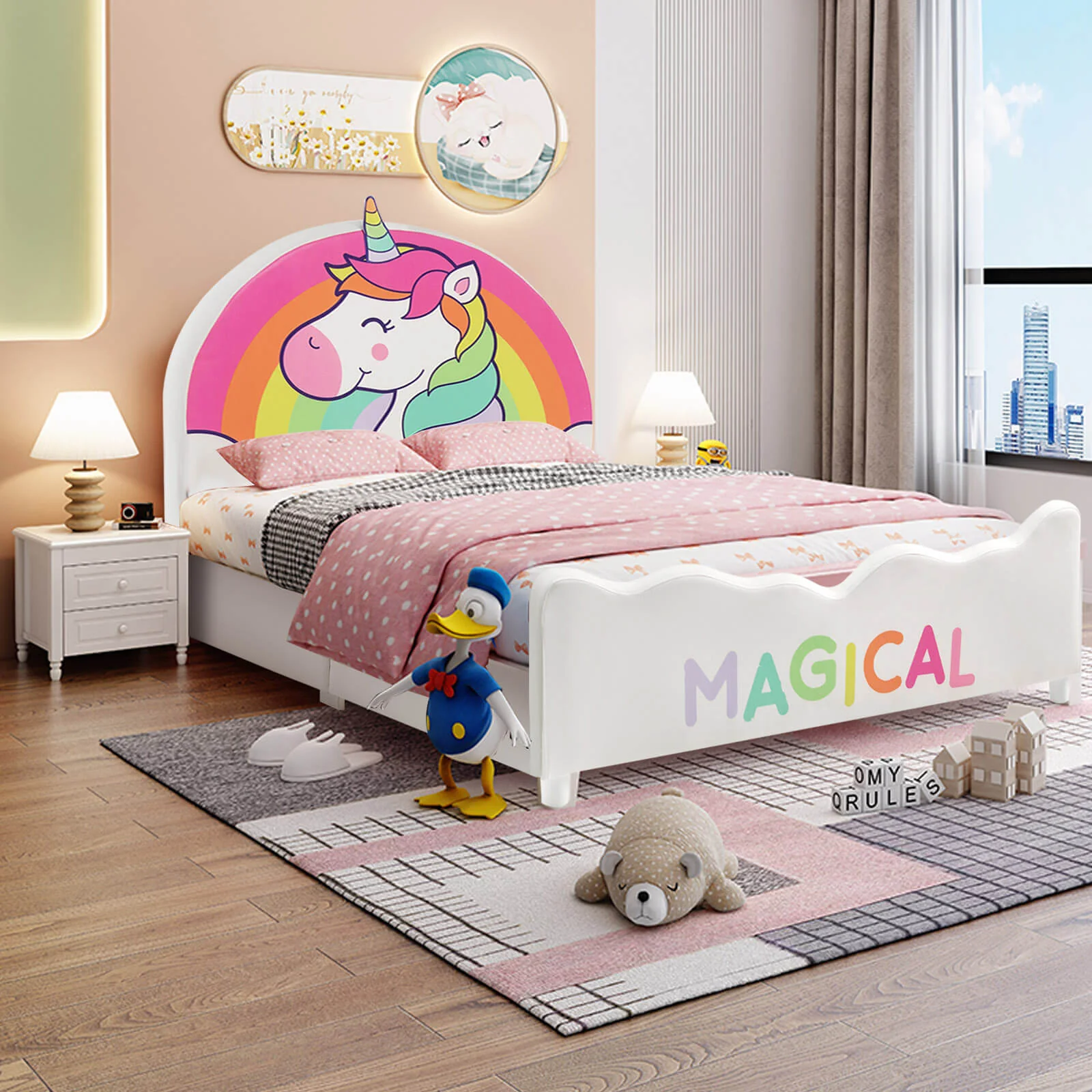 Twin Size Upholstered Platform Bed, White - Image 2