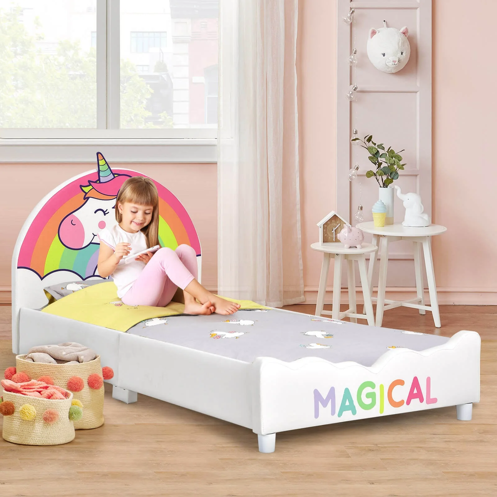 Twin Size Upholstered Platform Bed, White - Image 3
