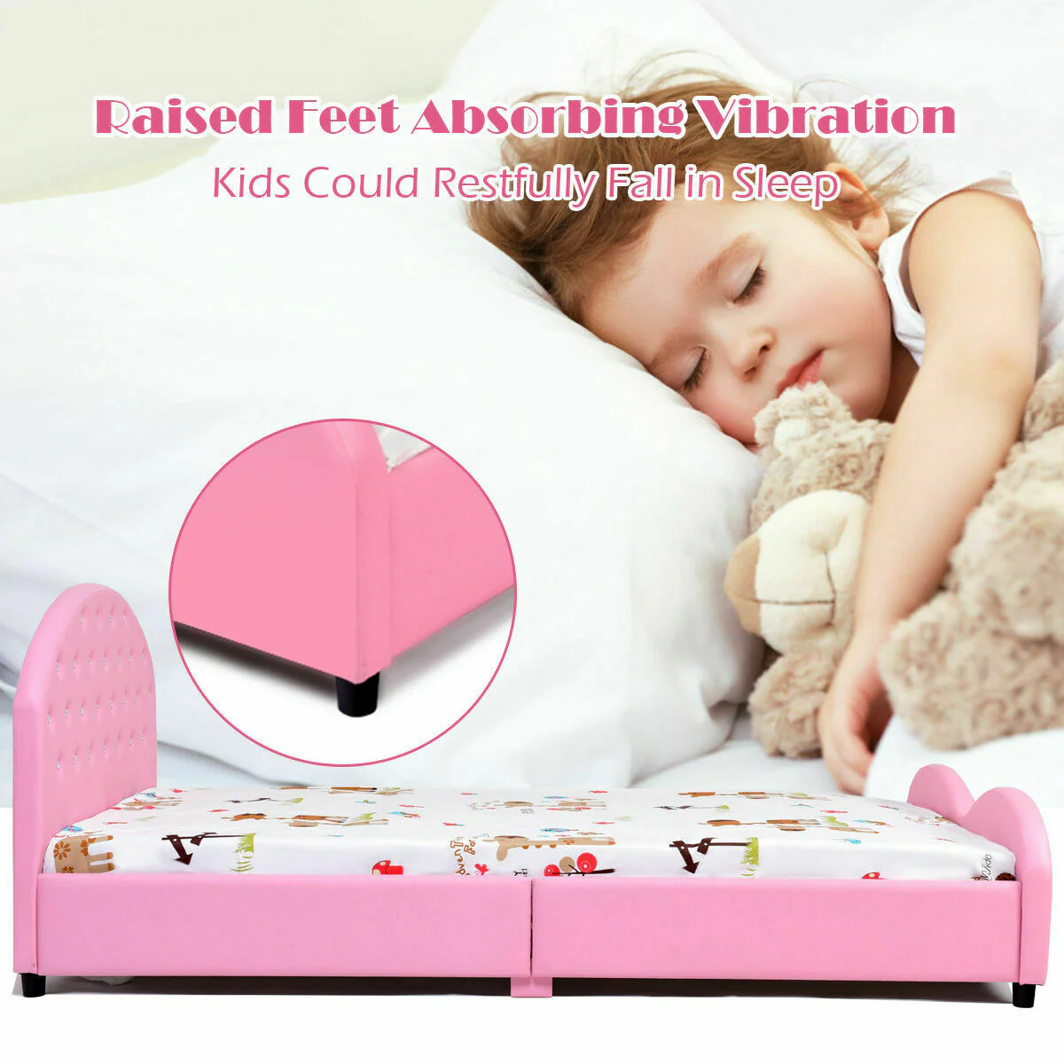 Twin Size Upholstered Platform Toddler Bed, Pink - Image 10