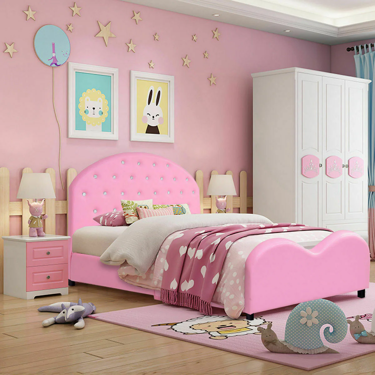 Twin Size Upholstered Platform Toddler Bed, Pink - Image 2
