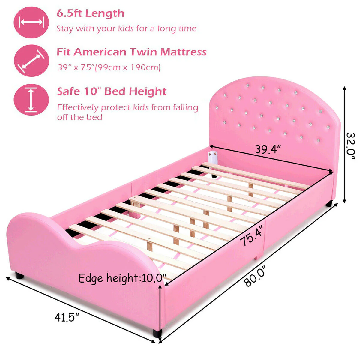 Twin Size Upholstered Platform Toddler Bed, Pink - Image 6