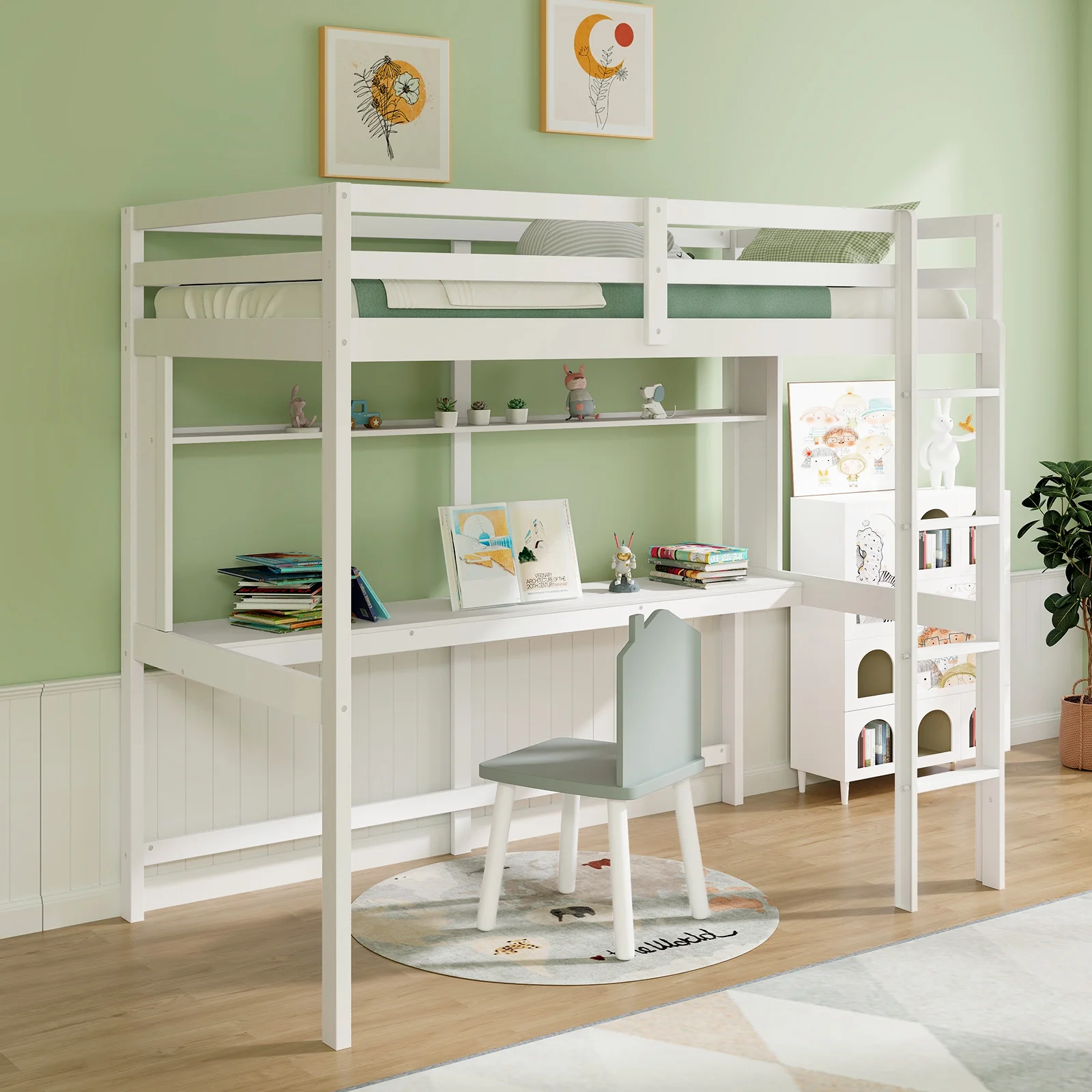 Twin Size Solid Wood Loft Bed Frame With Safety Guardrail, White - Image 2