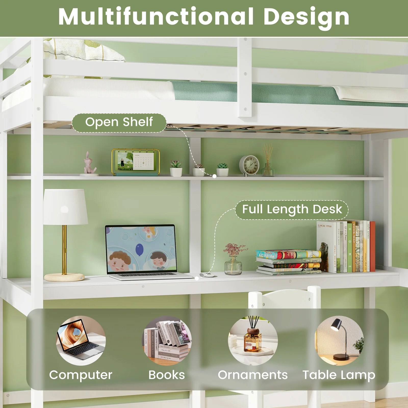 Twin Size Solid Wood Loft Bed Frame With Safety Guardrail, White - Image 5