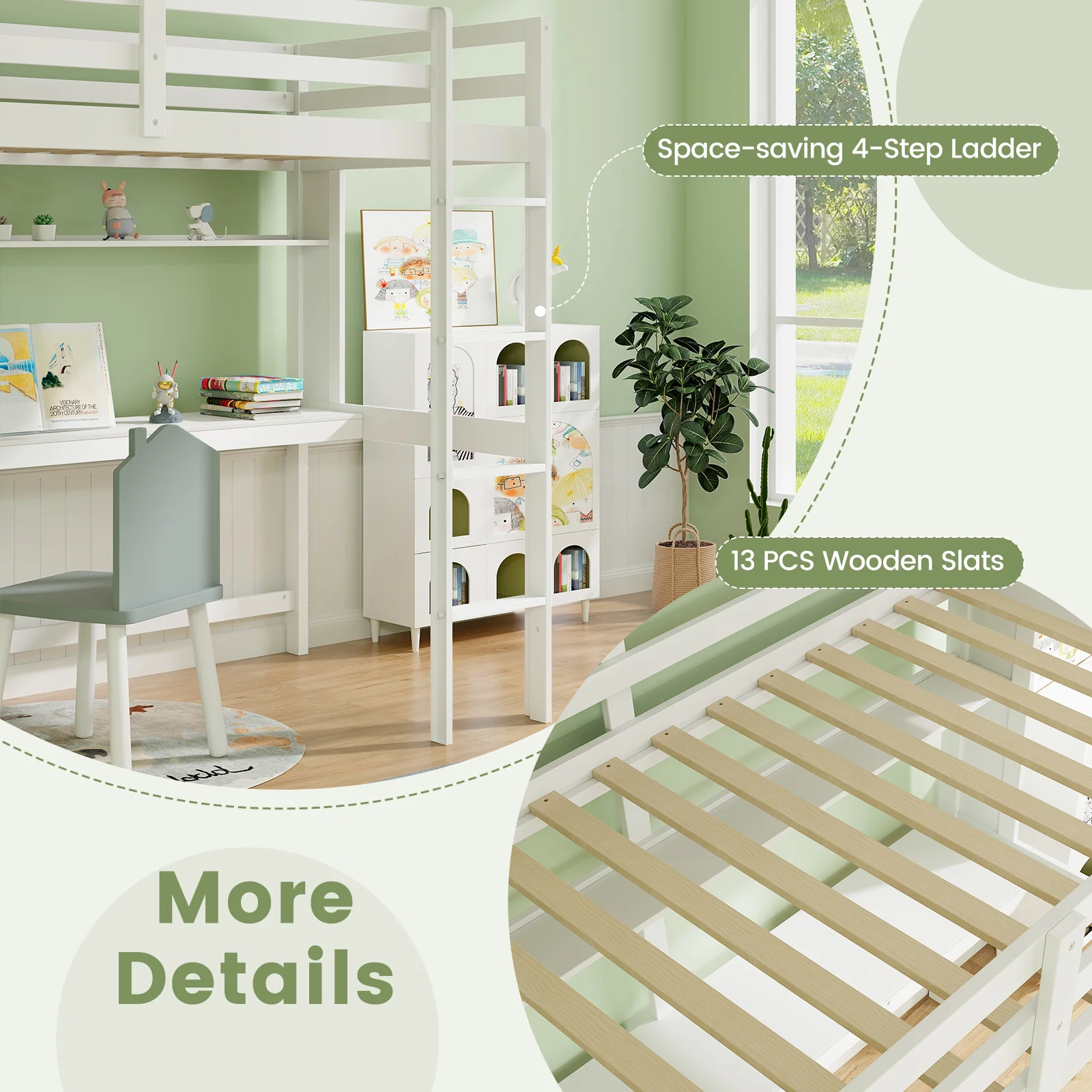 Twin Size Solid Wood Loft Bed Frame With Safety Guardrail, White - Image 6
