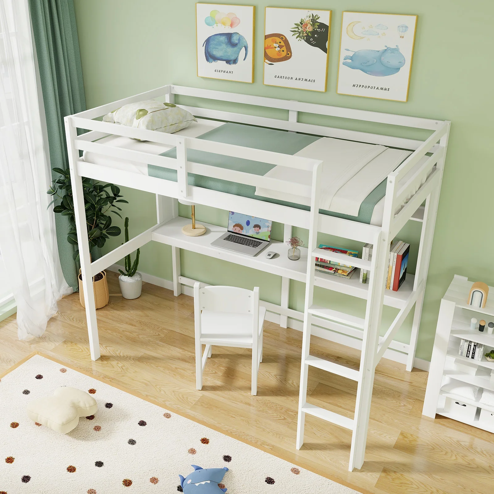 Twin Size Solid Wood Loft Bed Frame With Safety Guardrail, White - Image 8