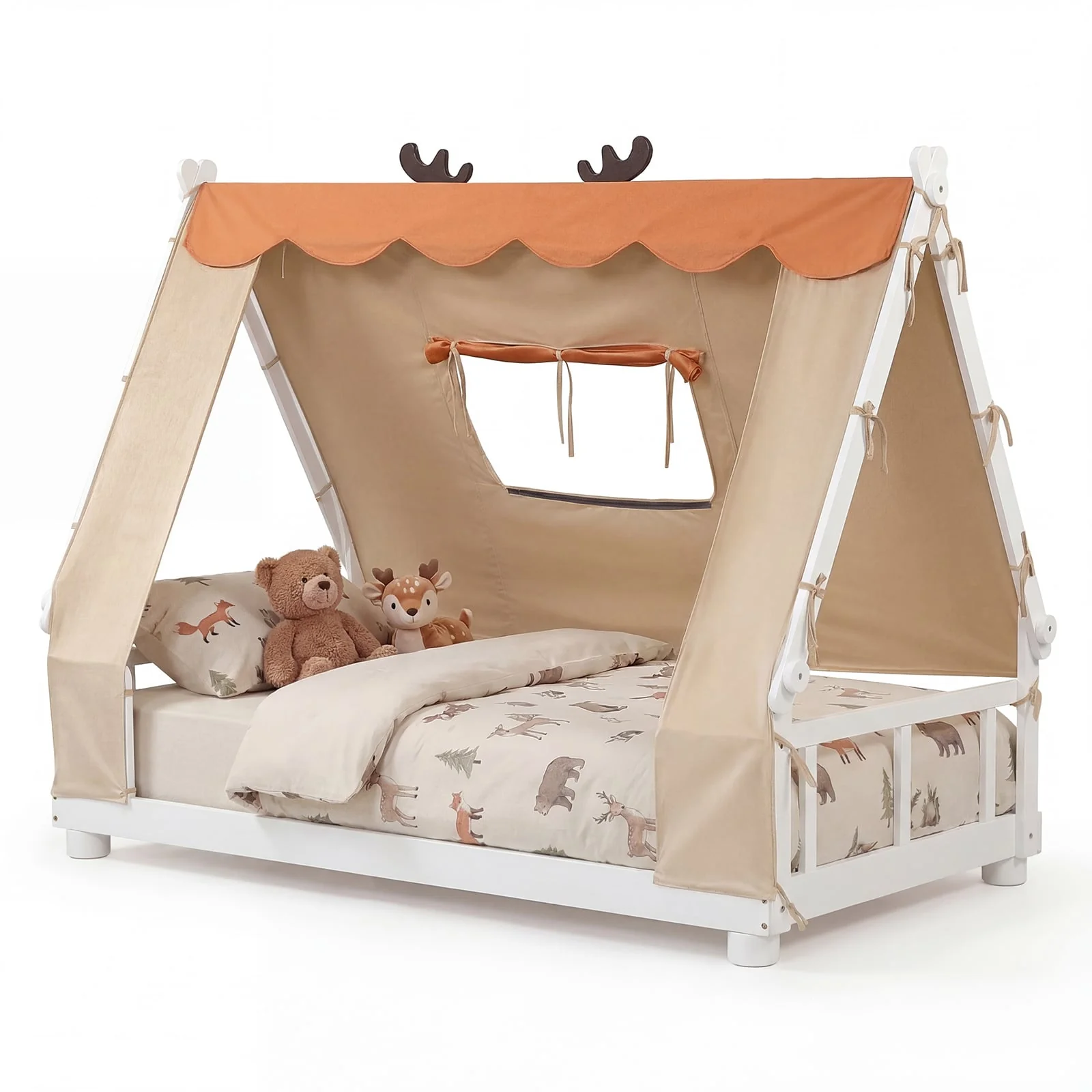 Twin Size Wood Floor Bed With Tent, White