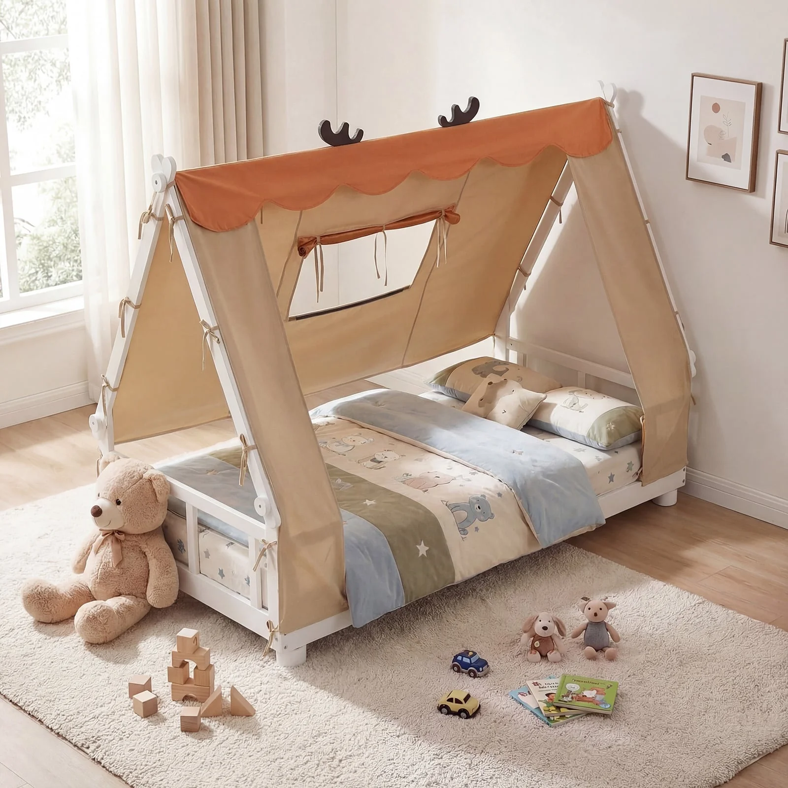Twin Size Wood Floor Bed With Tent, White - Image 2