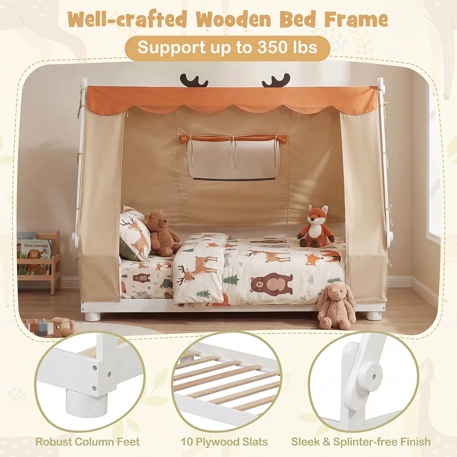 Twin Size Wood Floor Bed With Tent, White - Image 7