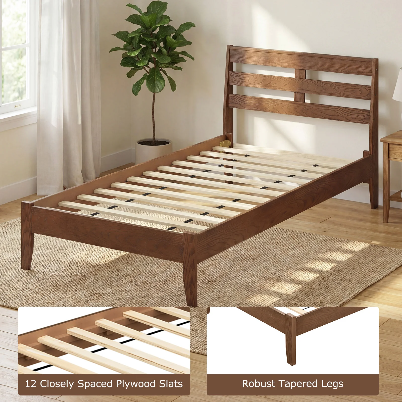 Twin Size Wood Platform Bed Frame, Slat Headboard, Brown - Image 10