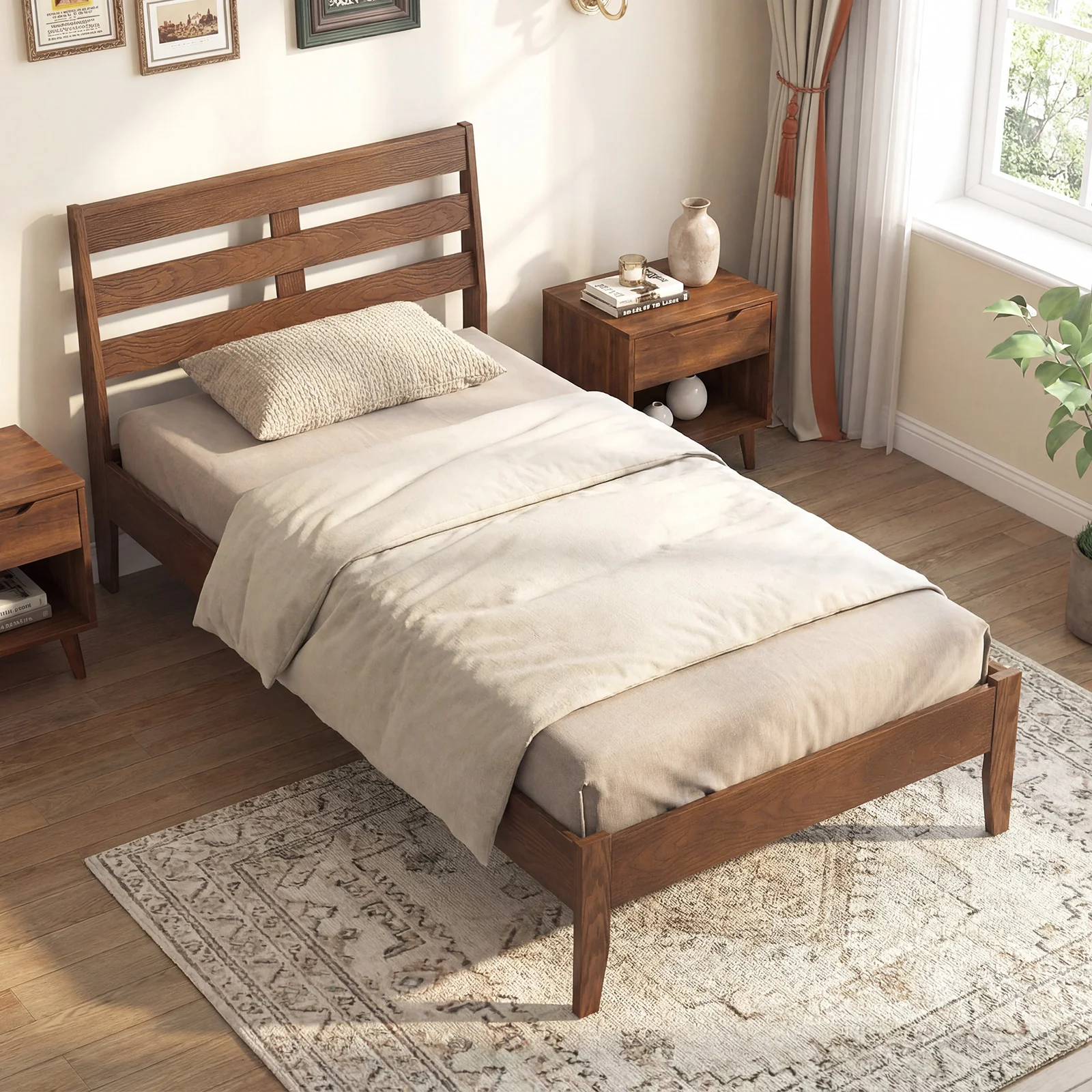 Twin Size Wood Platform Bed Frame, Slat Headboard, Brown - Image 2