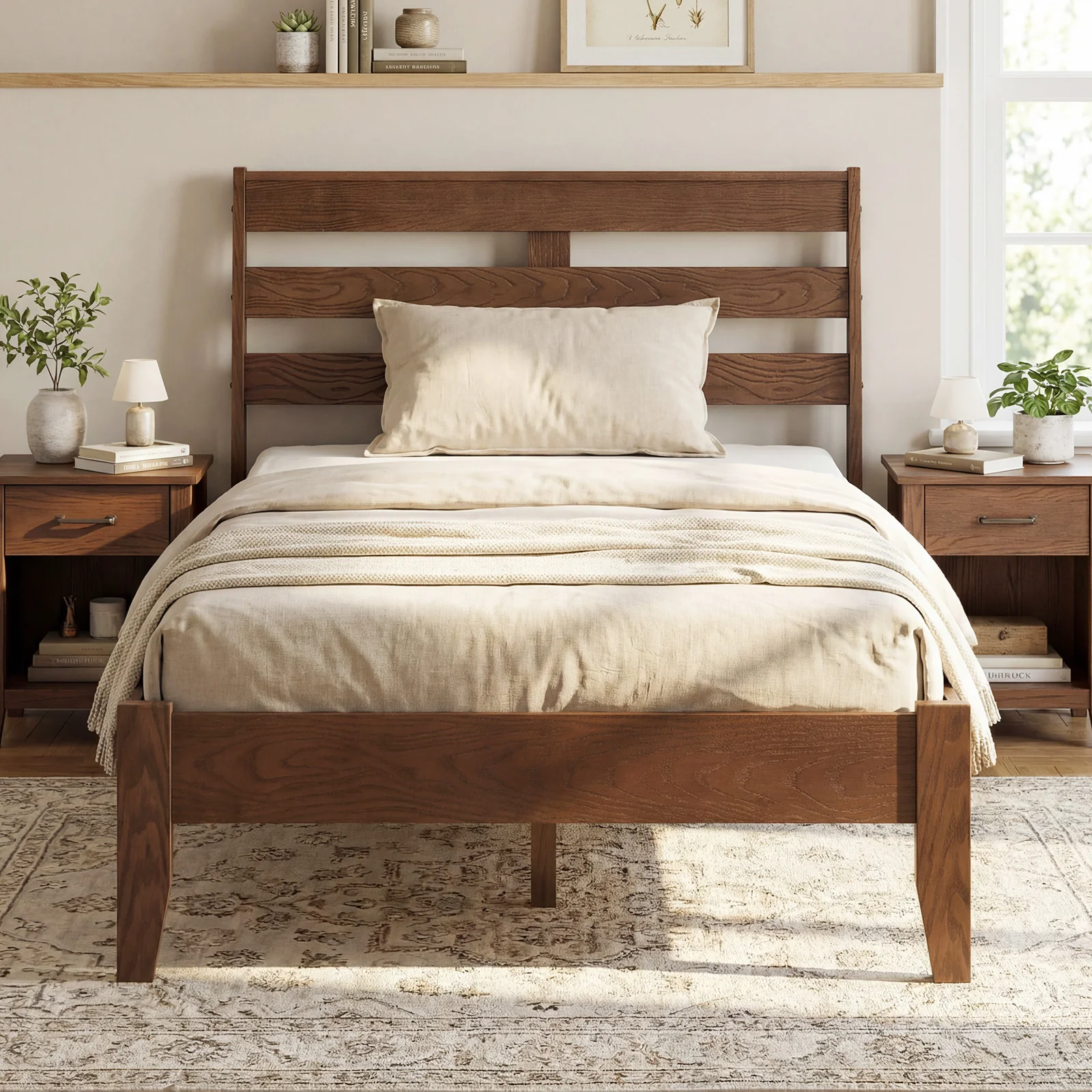 Twin Size Wood Platform Bed Frame, Slat Headboard, Brown - Image 3