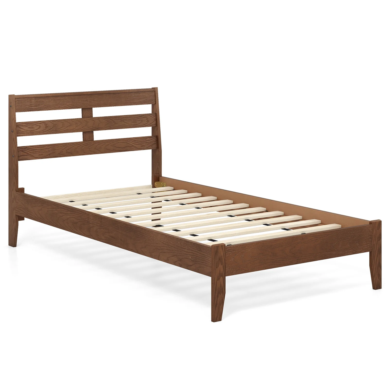 Twin Size Wood Platform Bed Frame, Slat Headboard, Brown - Image 4